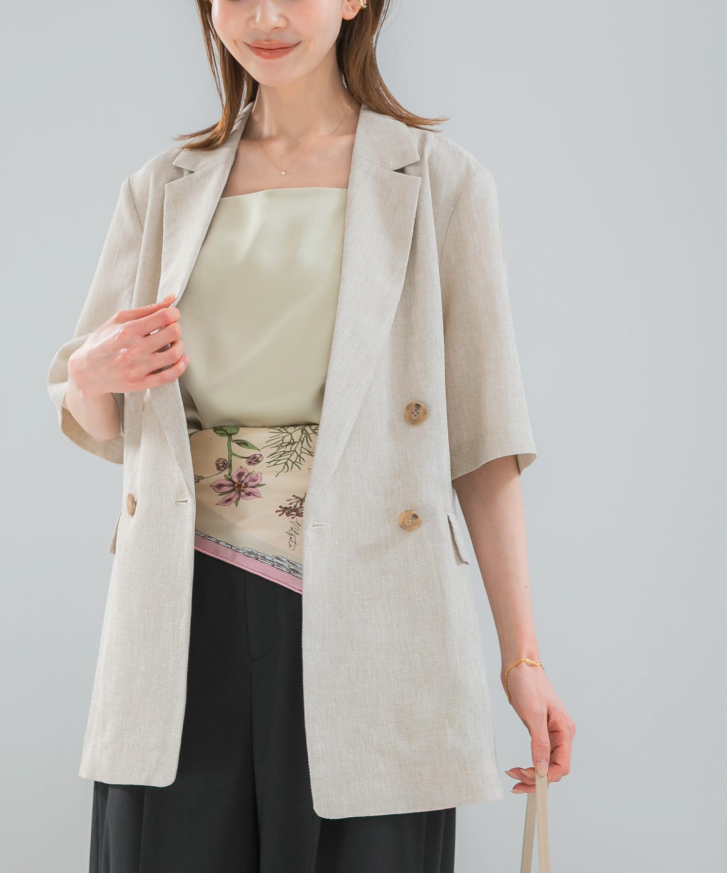 防シワ リネンライクハーフスリーブジャケット(36 L.BEIGE): アウター