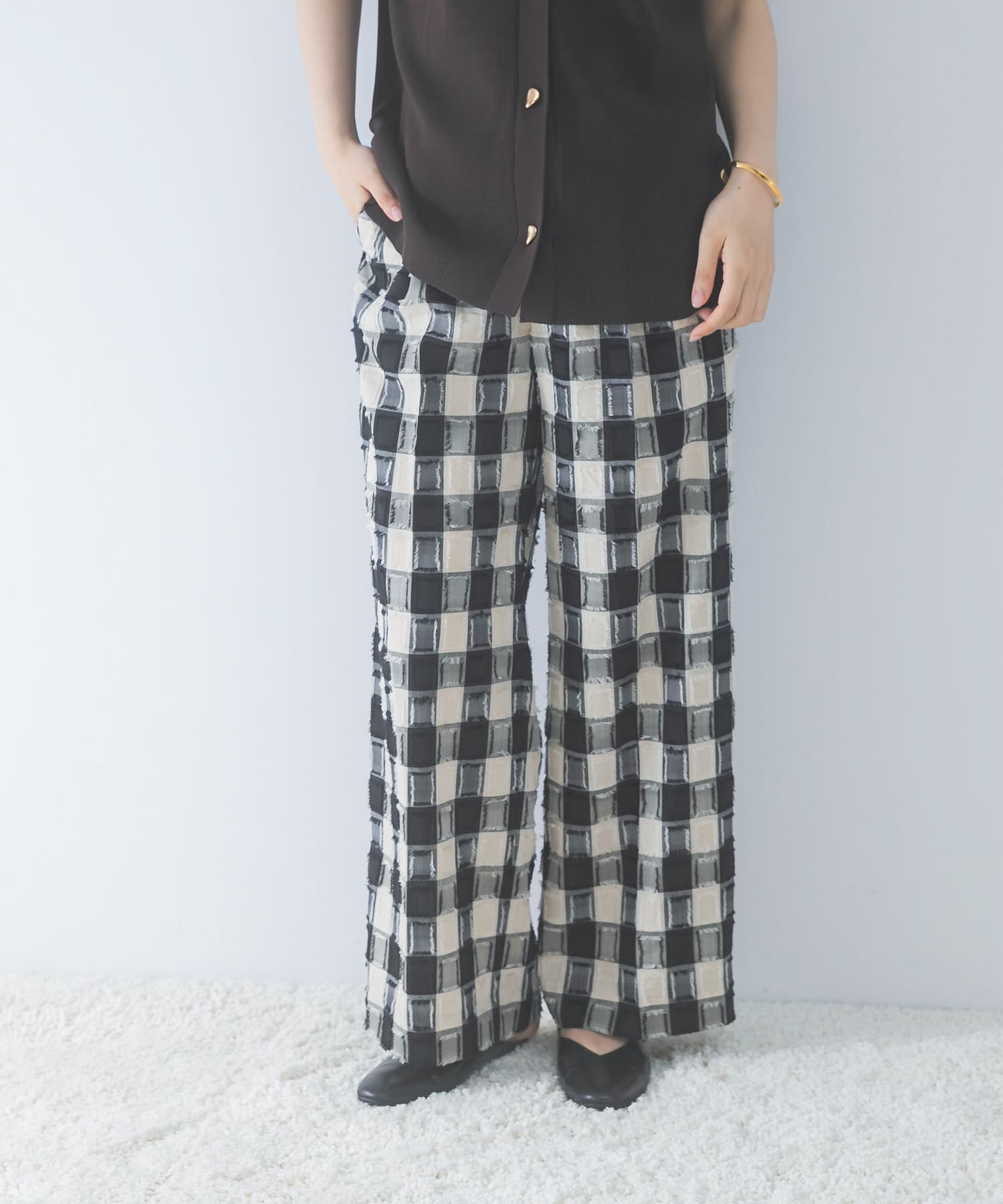 WEB限定』チェックジャガードストレートパンツ(36 BLACK): ボトム