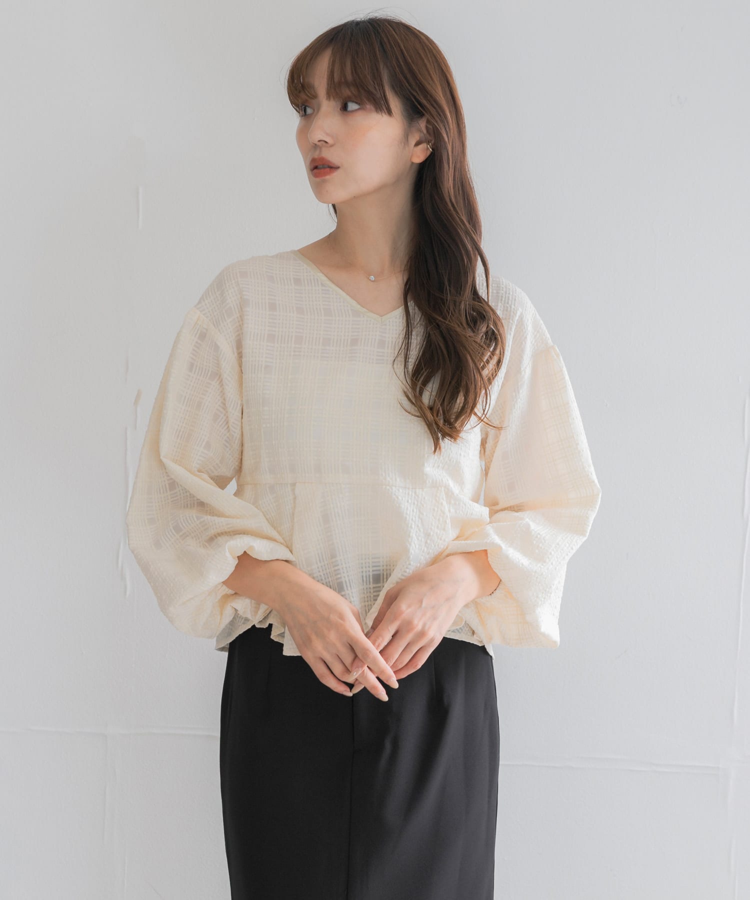 yori ペプラムブラウス ブラック 36 シアーチェックペプラムブラウス(Free OFF WHITE): トップス｜URBAN