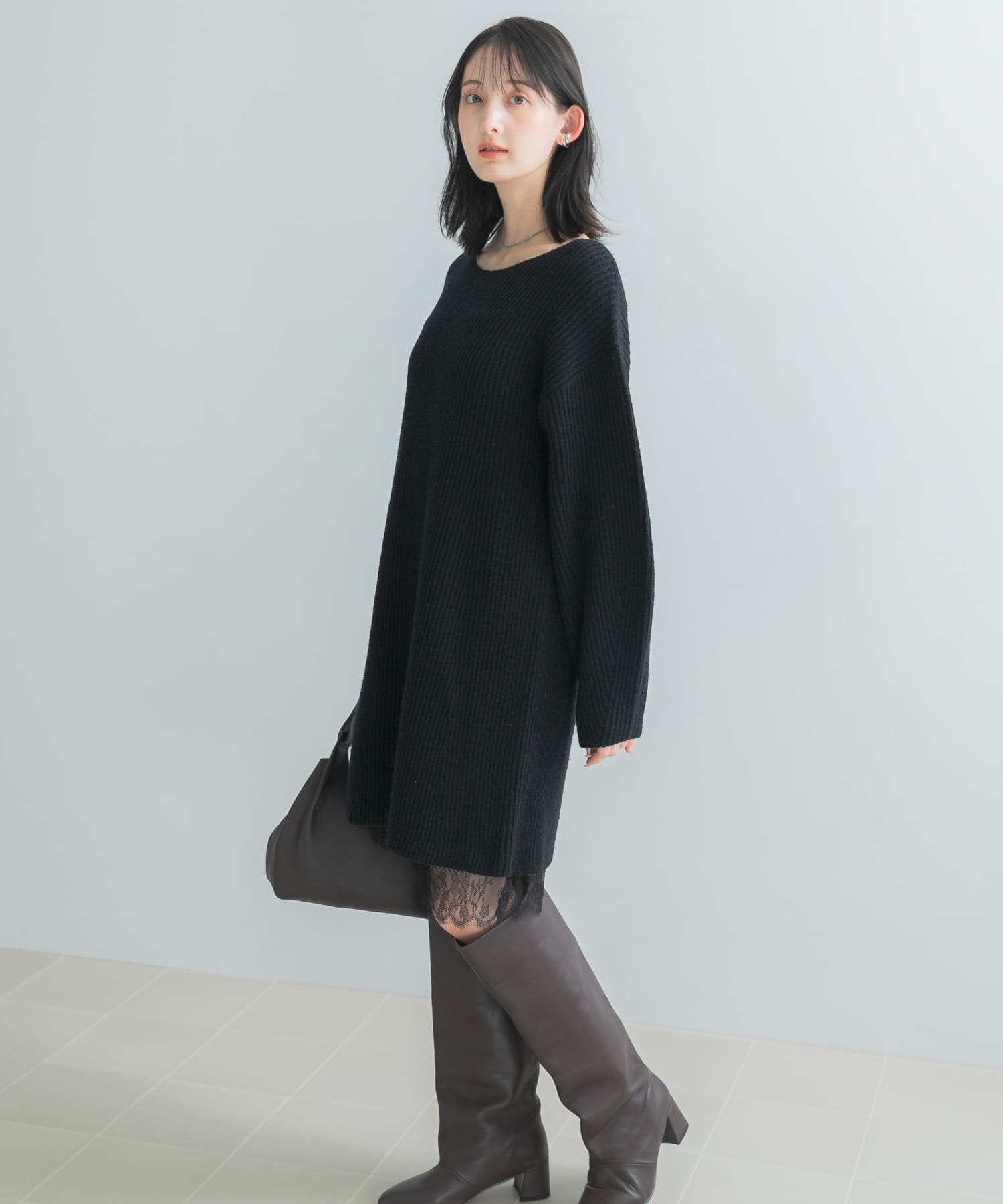 WEB限定』レースペチ付畦ニットミニワンピース(Free BLACK