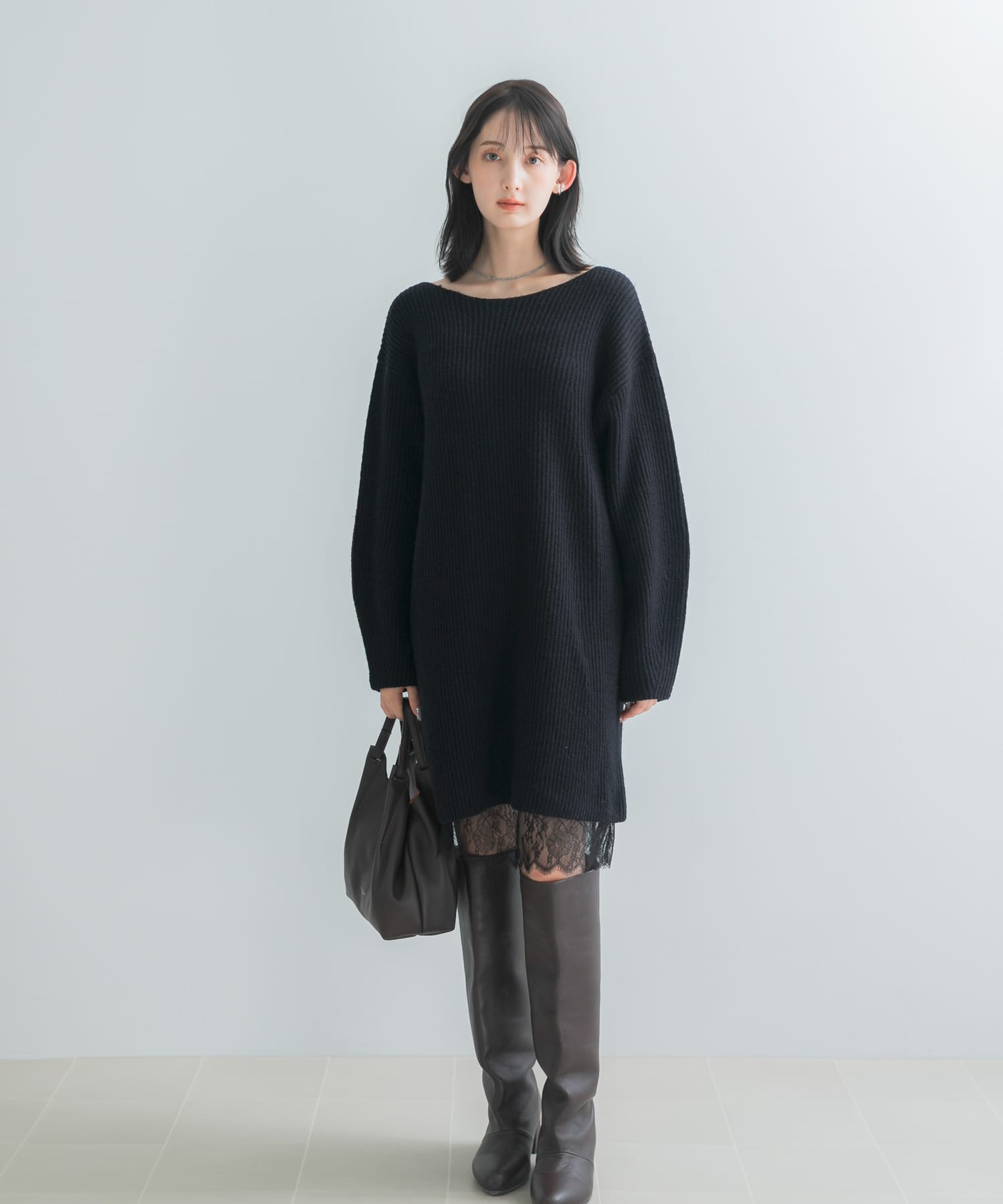 WEB限定』レースペチ付畦ニットミニワンピース(Free BLACK