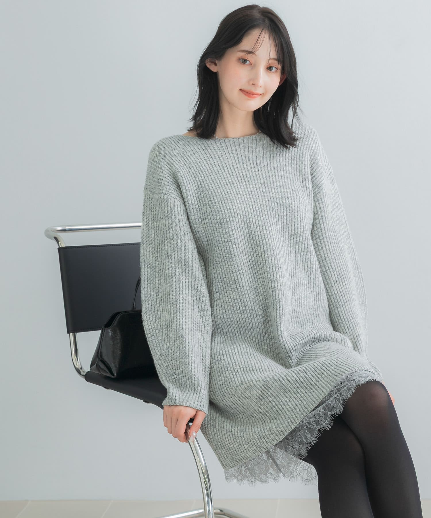 WEB限定』レースペチ付畦ニットミニワンピース(Free BLACK