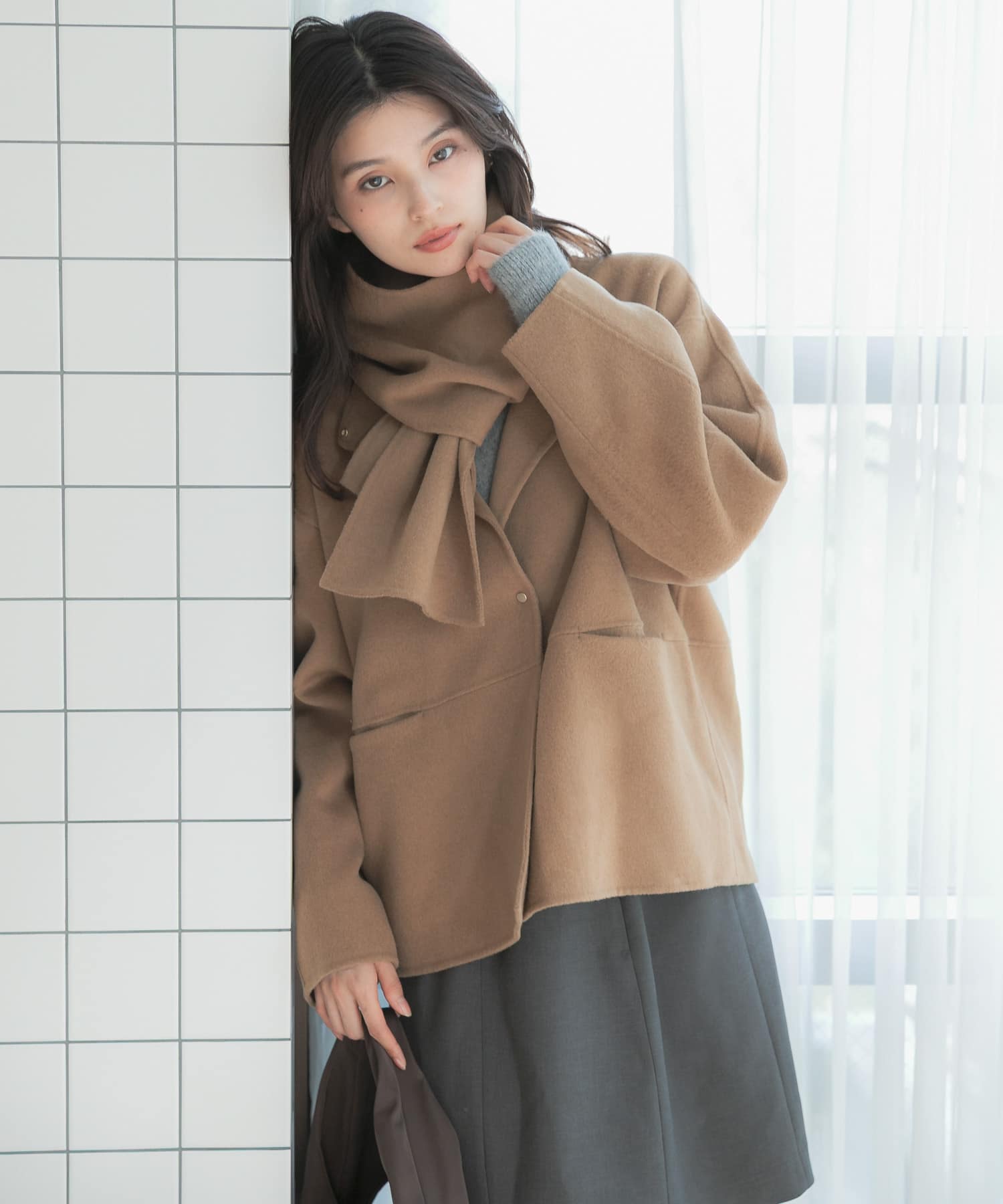 カシミヤビーバーストール付ノーカラーコート