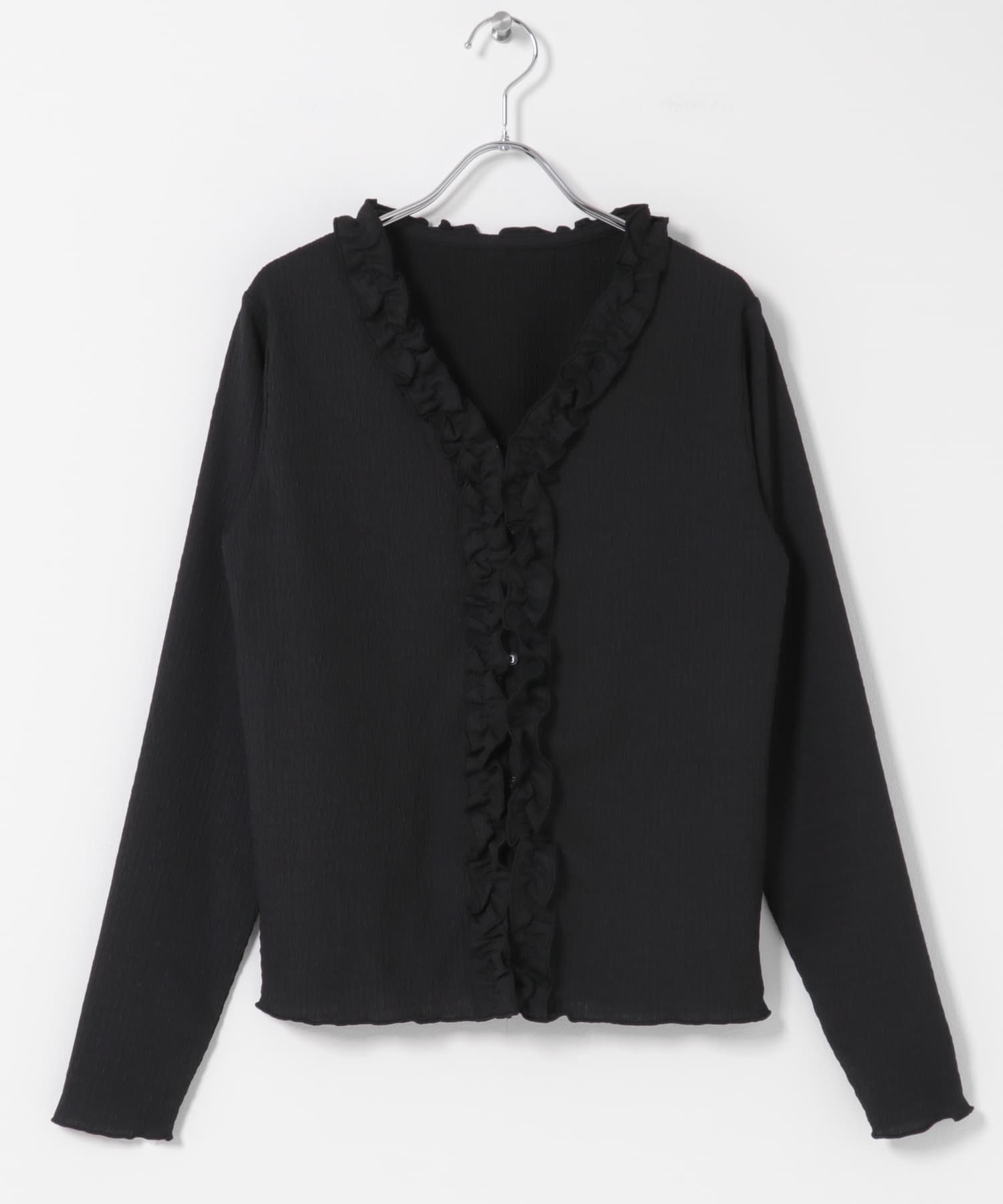 『WEB限定』ワッフルフリルVネックカーディガン ブラック Free