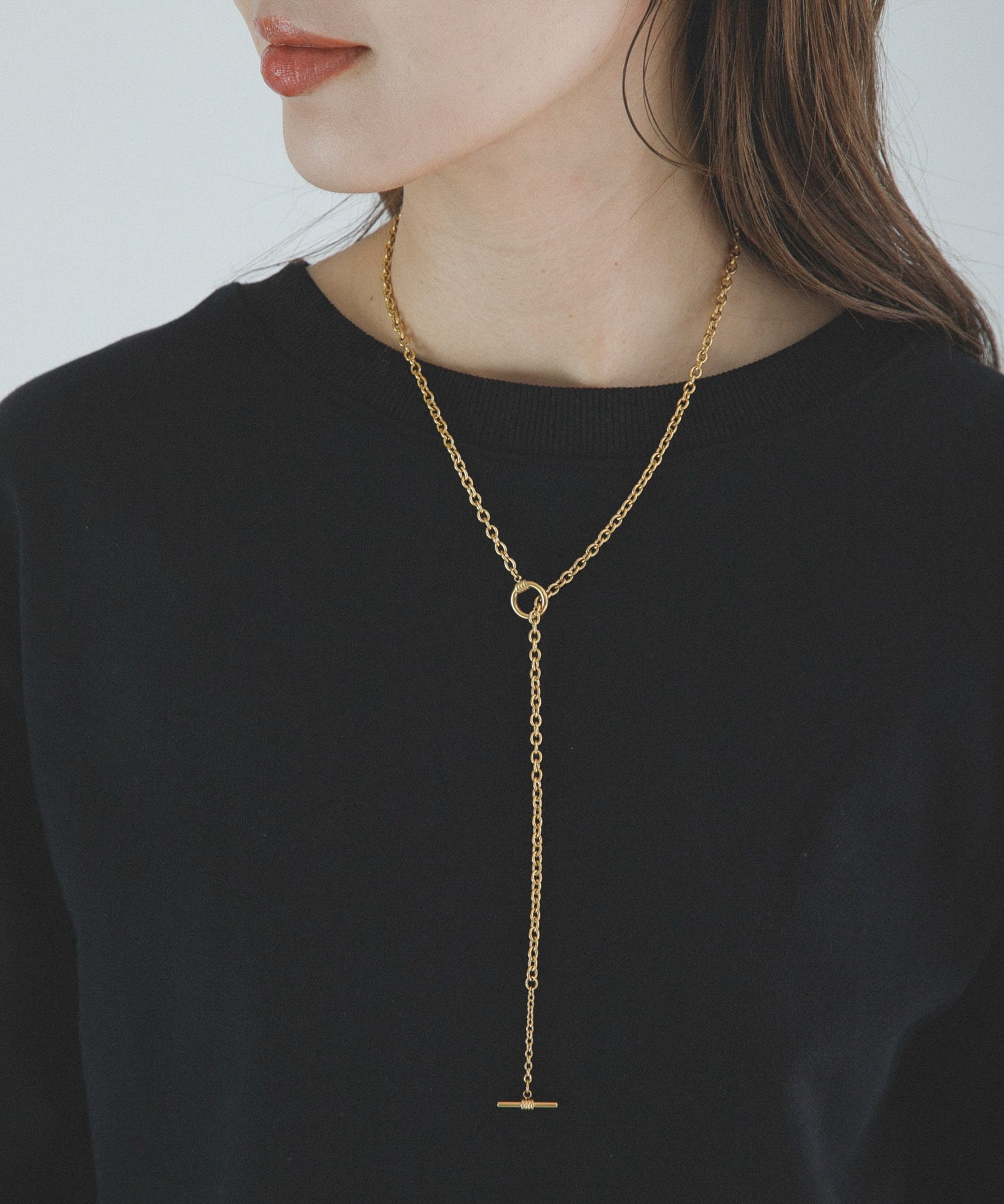 ステンレスラリエットチェーンネックレス ゴールド One