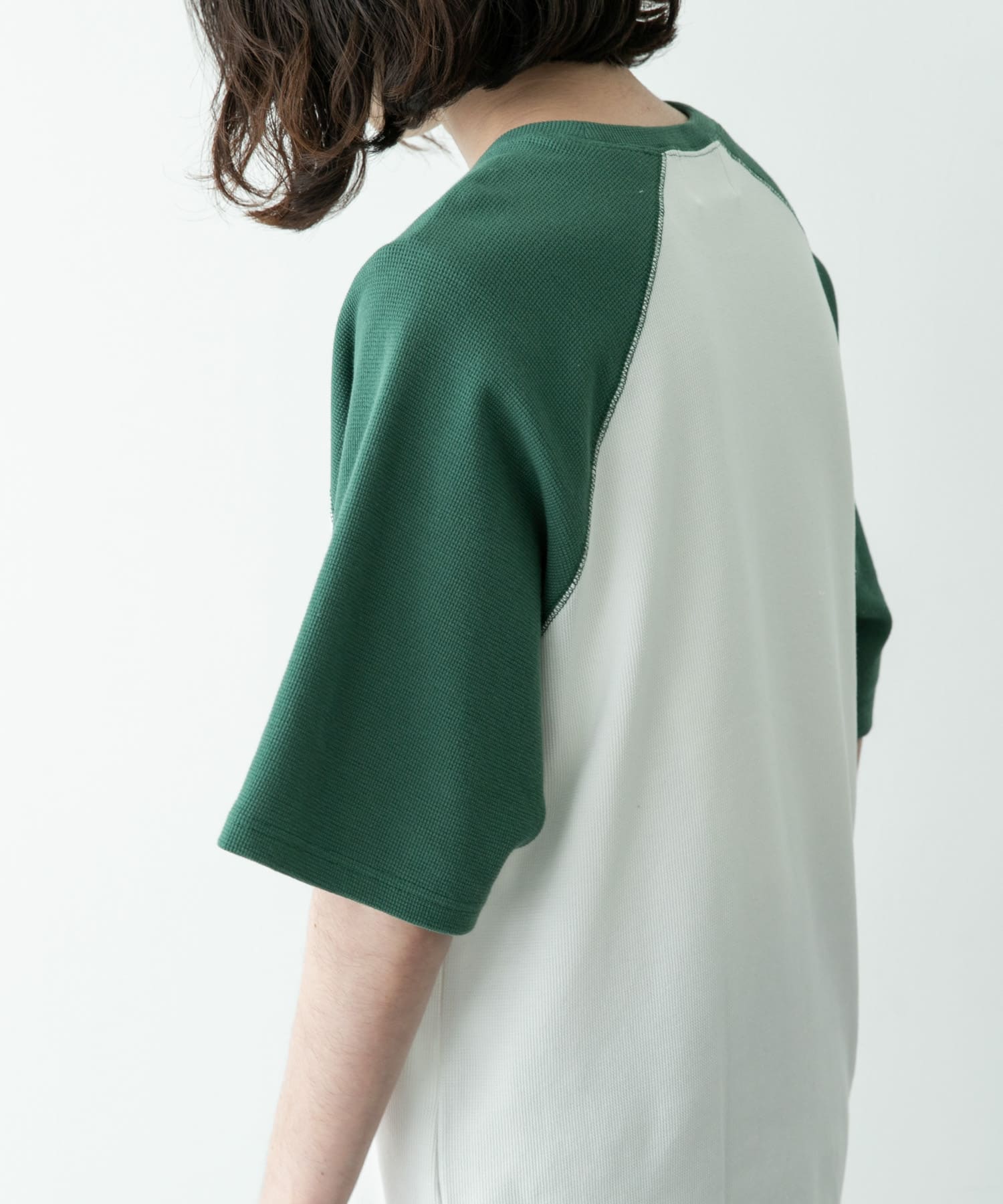 配色ワッフルラグランショートスリーブTシャツ(M オフ): トップス