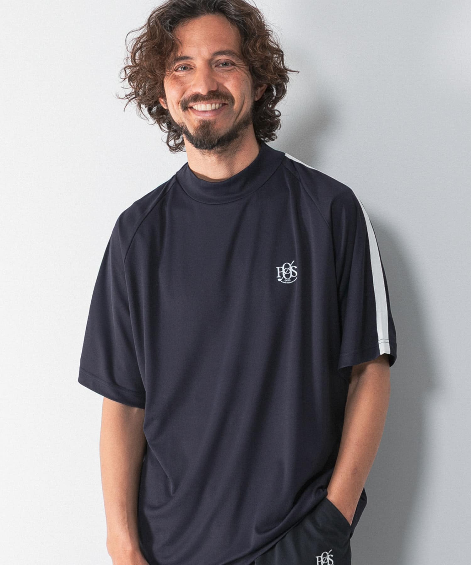 OOPS 吸水速乾ラインモックネックTシャツ(M DARK NAVY): トップス