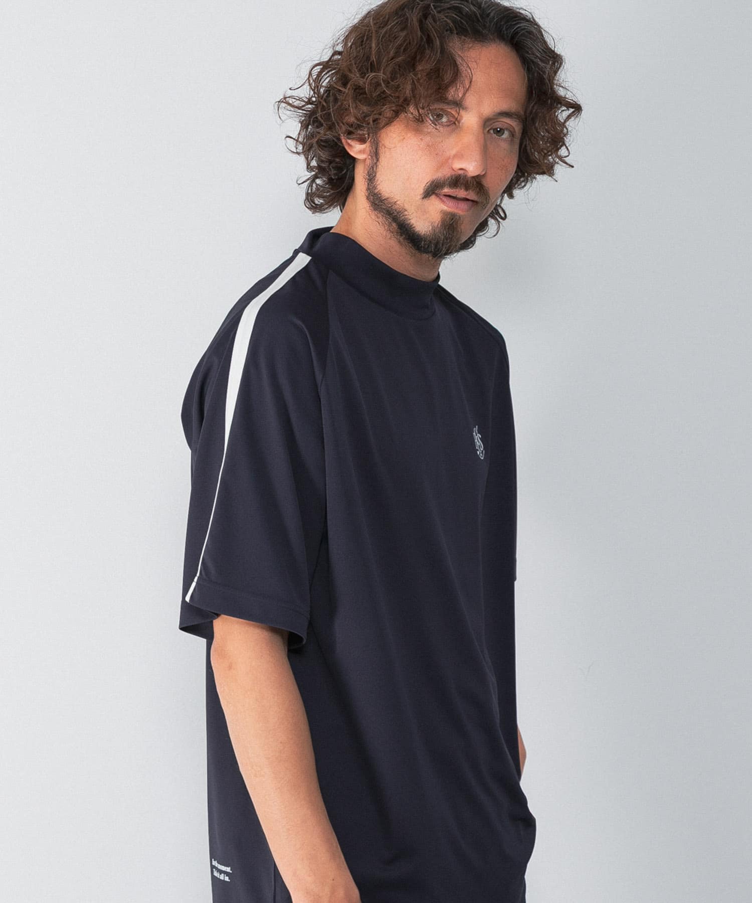 OOPS 吸水速乾ラインモックネックTシャツ(M DARK NAVY): トップス