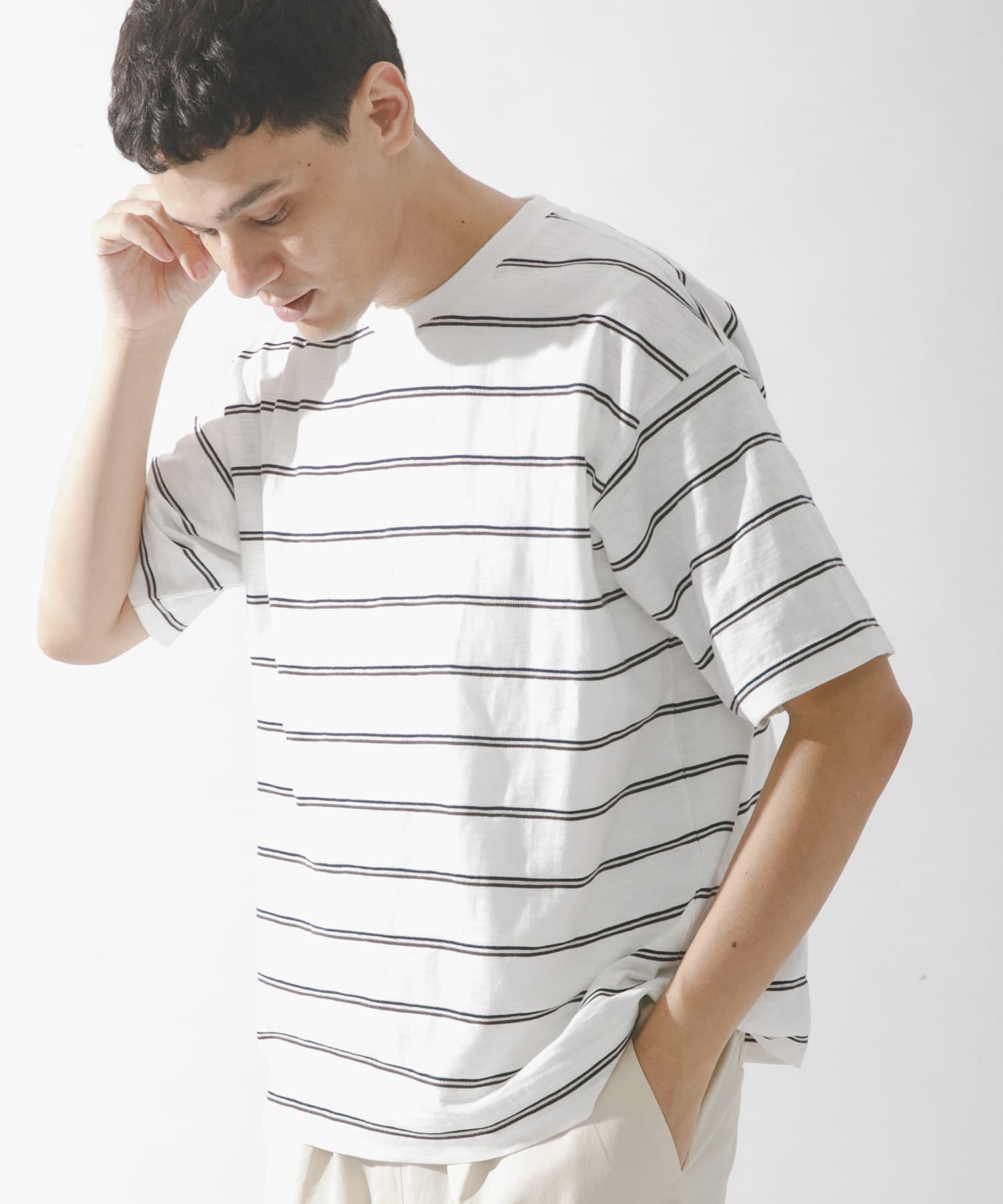 スラブ天竺ボーダーショートスリーブTシャツ(M オフ): トップス｜URBAN