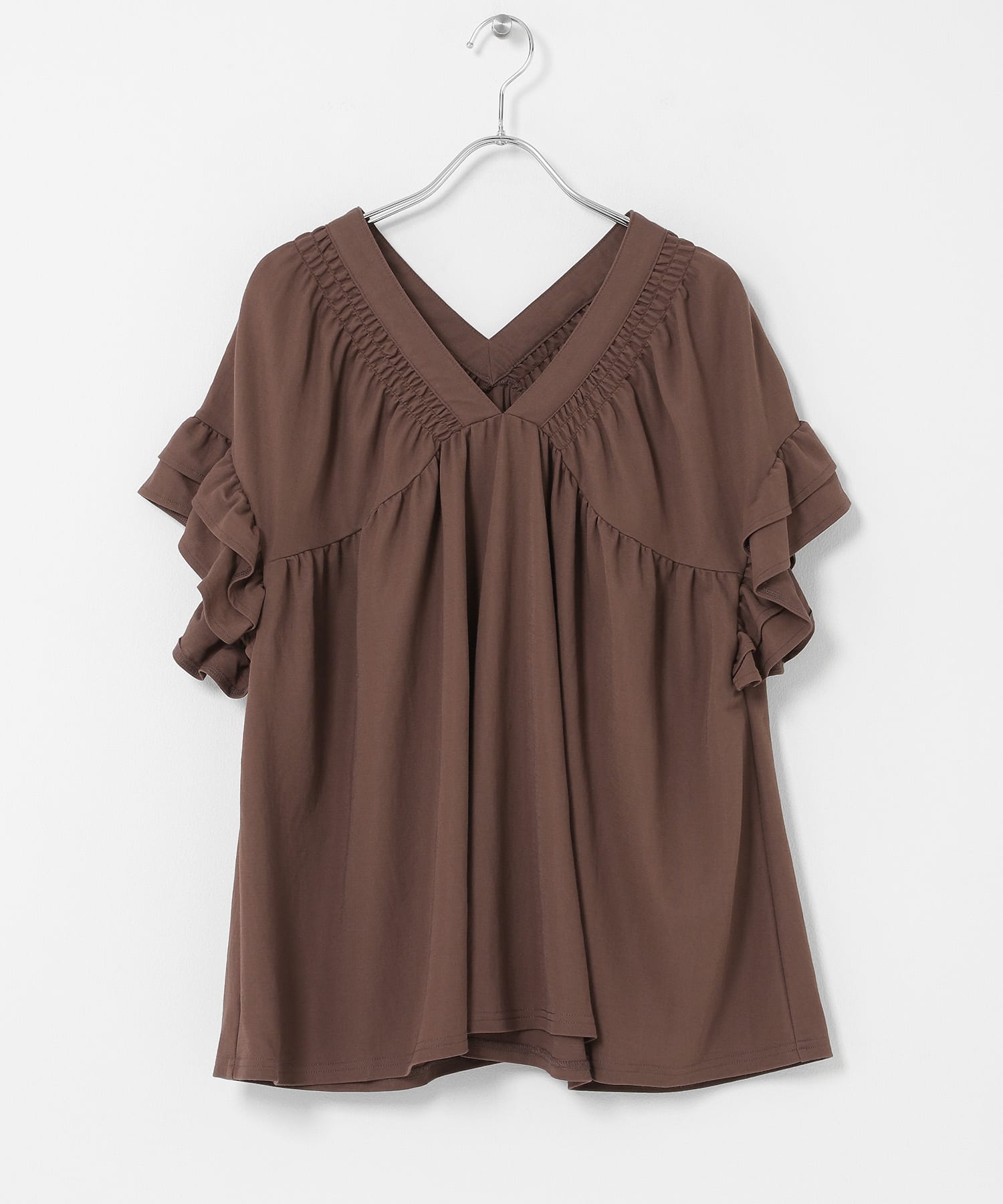 シャーリングフリルスリーブプルオーバー ブラウン Free