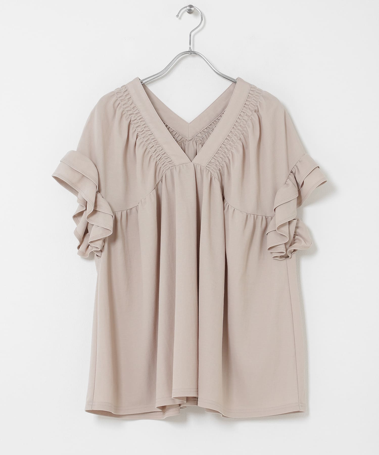 シャーリングフリルスリーブプルオーバー ベージュ Free