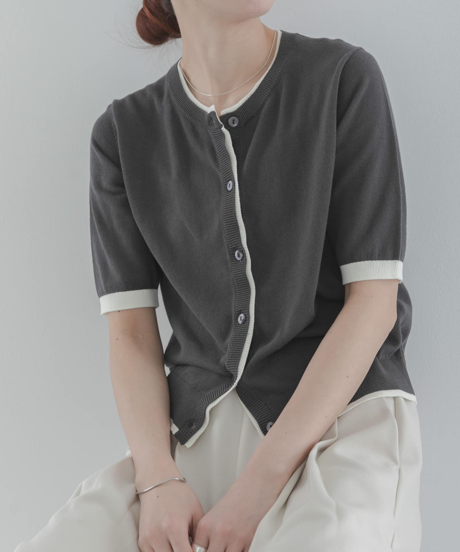 クールミスト配色クルーネックカーディガン