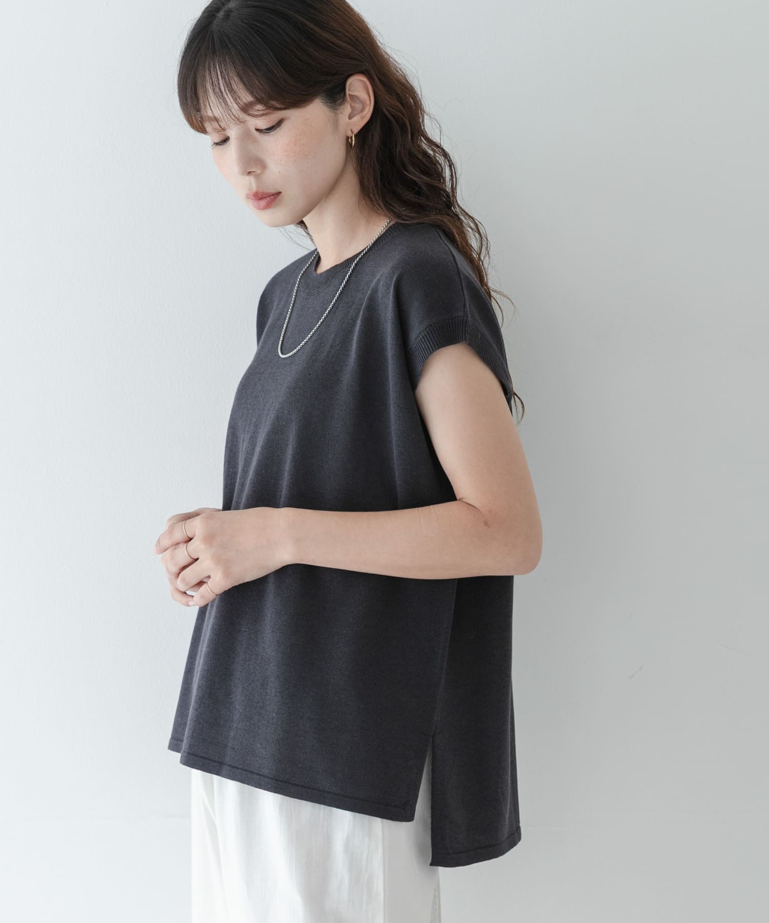 リネンライクフレンチスリーブサマーニットプルオーバー