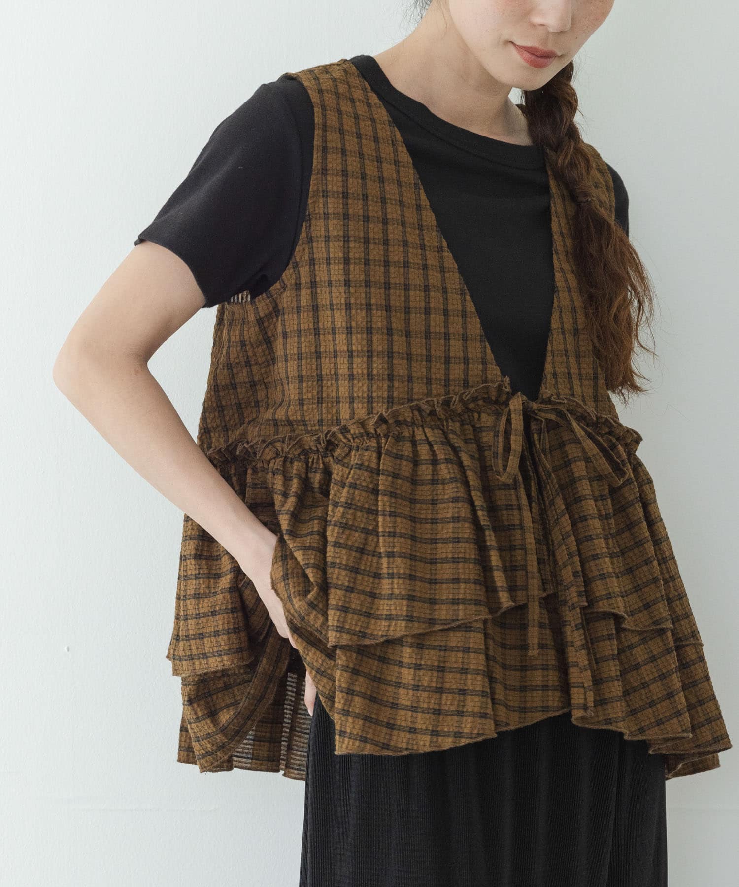 サッカーチェックペプラムベストブラウス