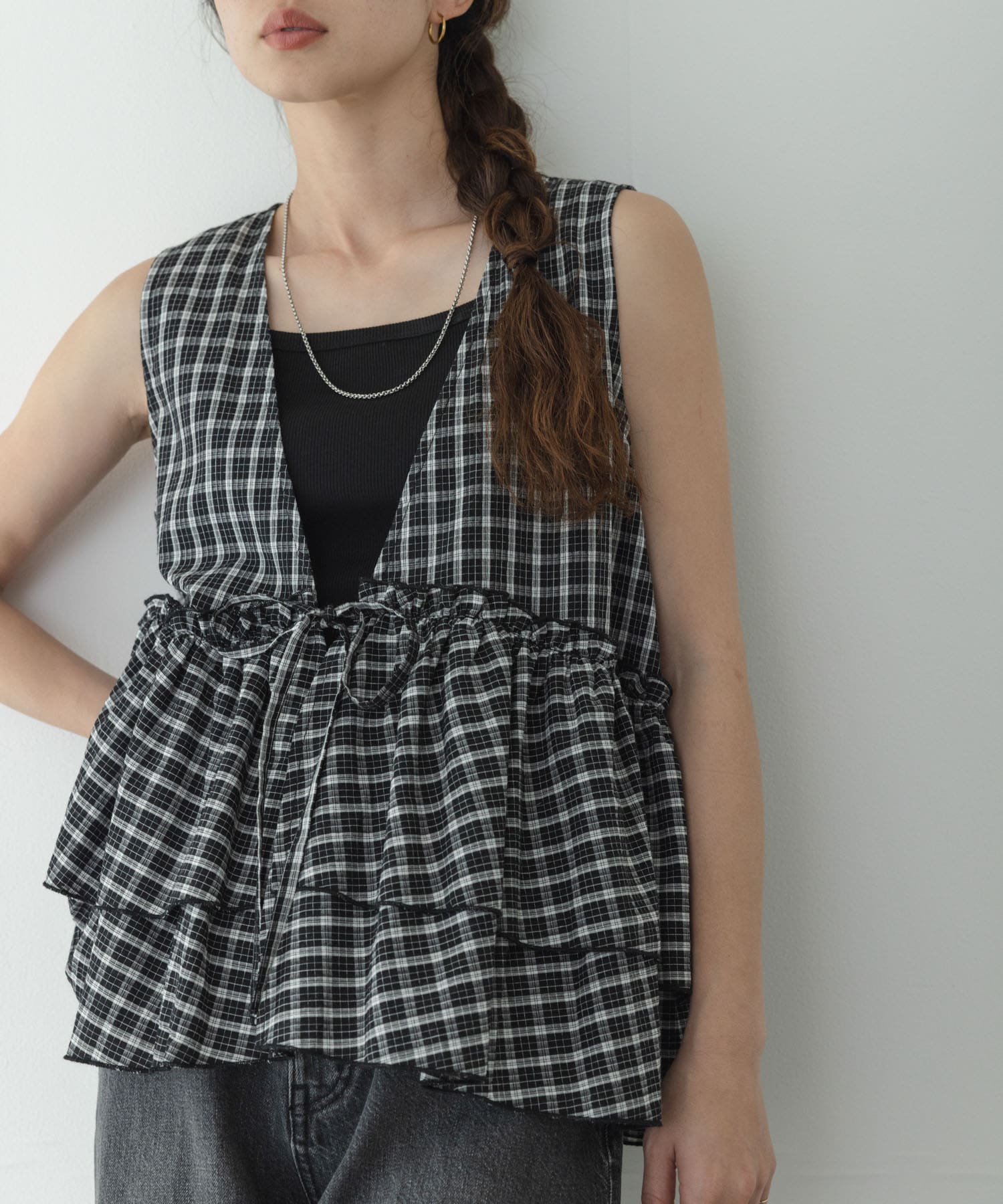 サッカーチェックペプラムベストブラウス