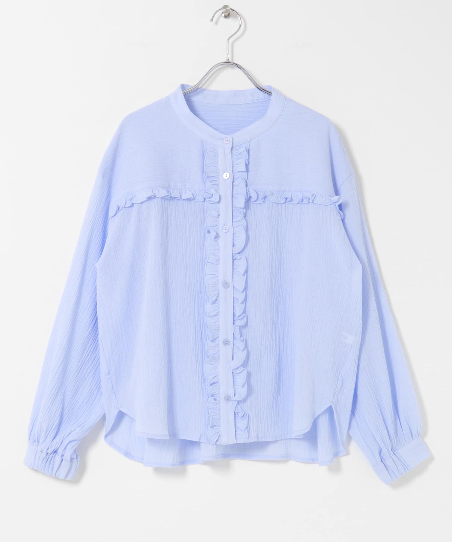 バンドカラーフリルコットンシャツブラウス サックス Free