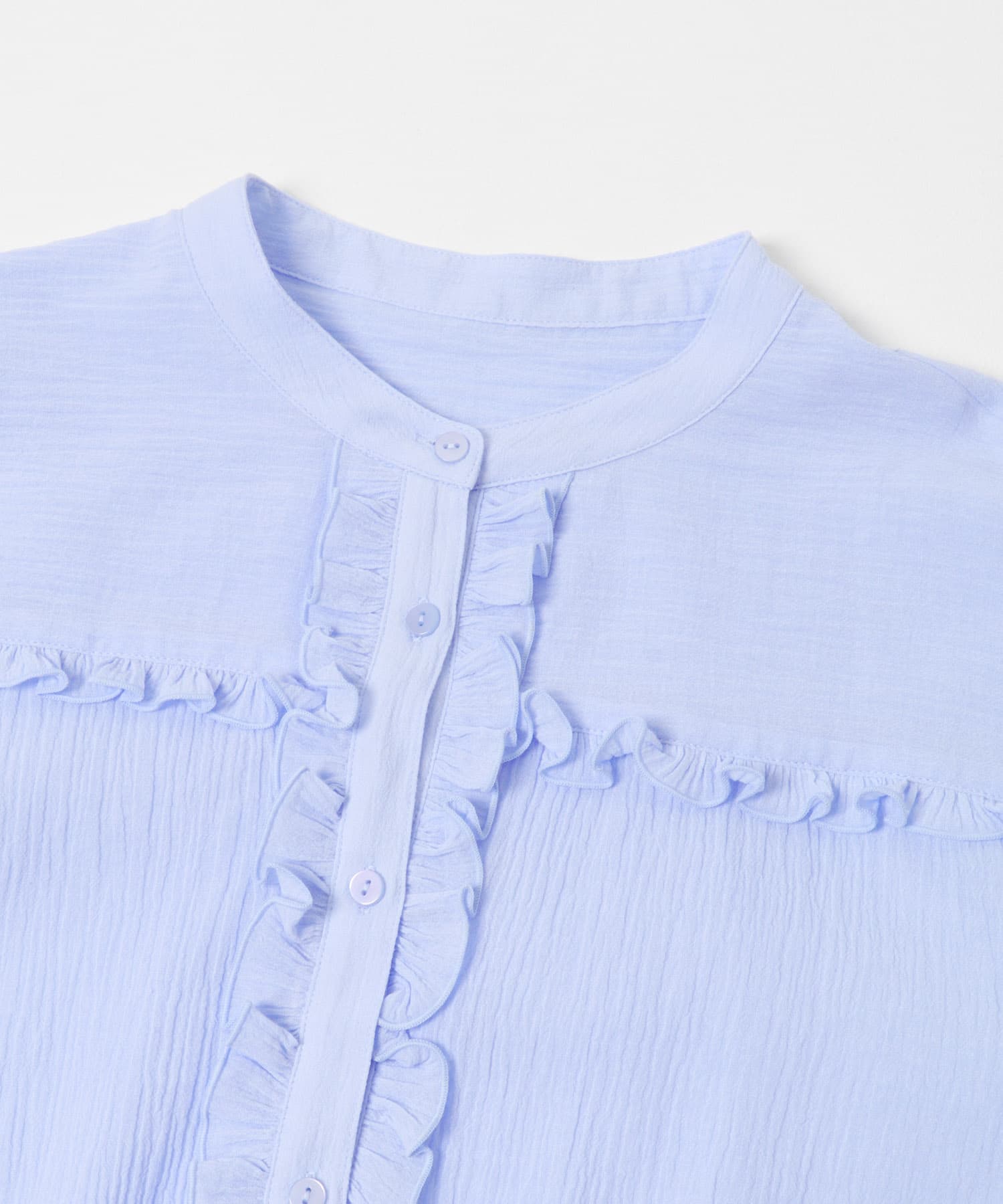 バンドカラーフリルコットンシャツブラウス サックス Free