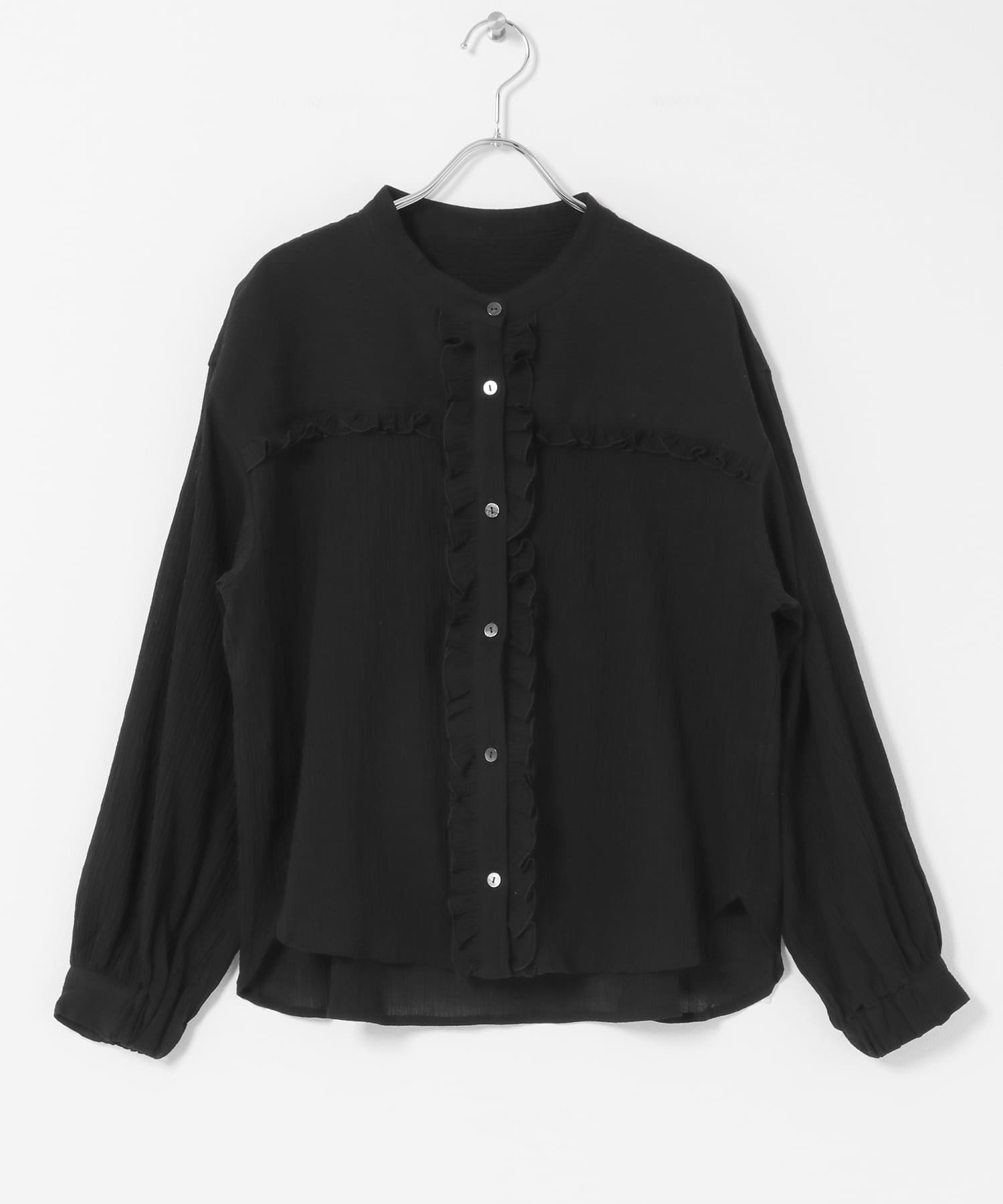 バンドカラーフリルコットンシャツブラウス ブラック Free