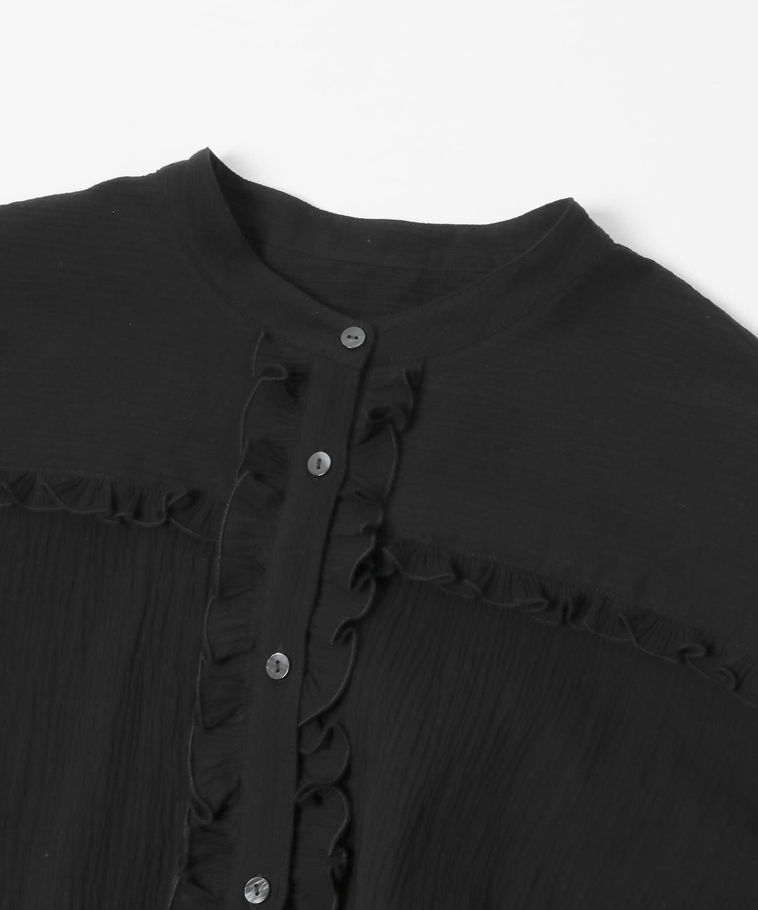 バンドカラーフリルコットンシャツブラウス ブラック Free