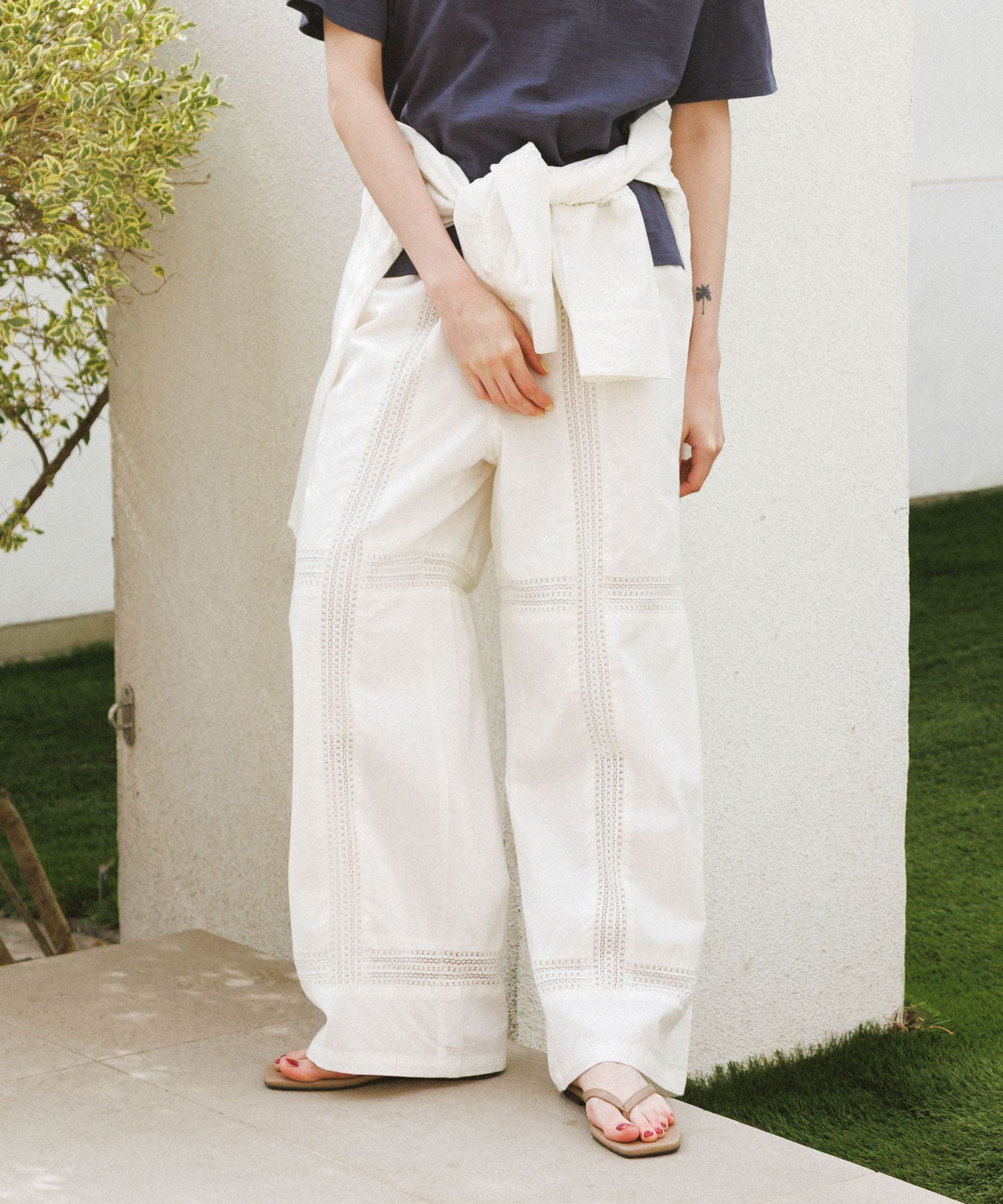 ブロッキングレースコットンイージーパンツ