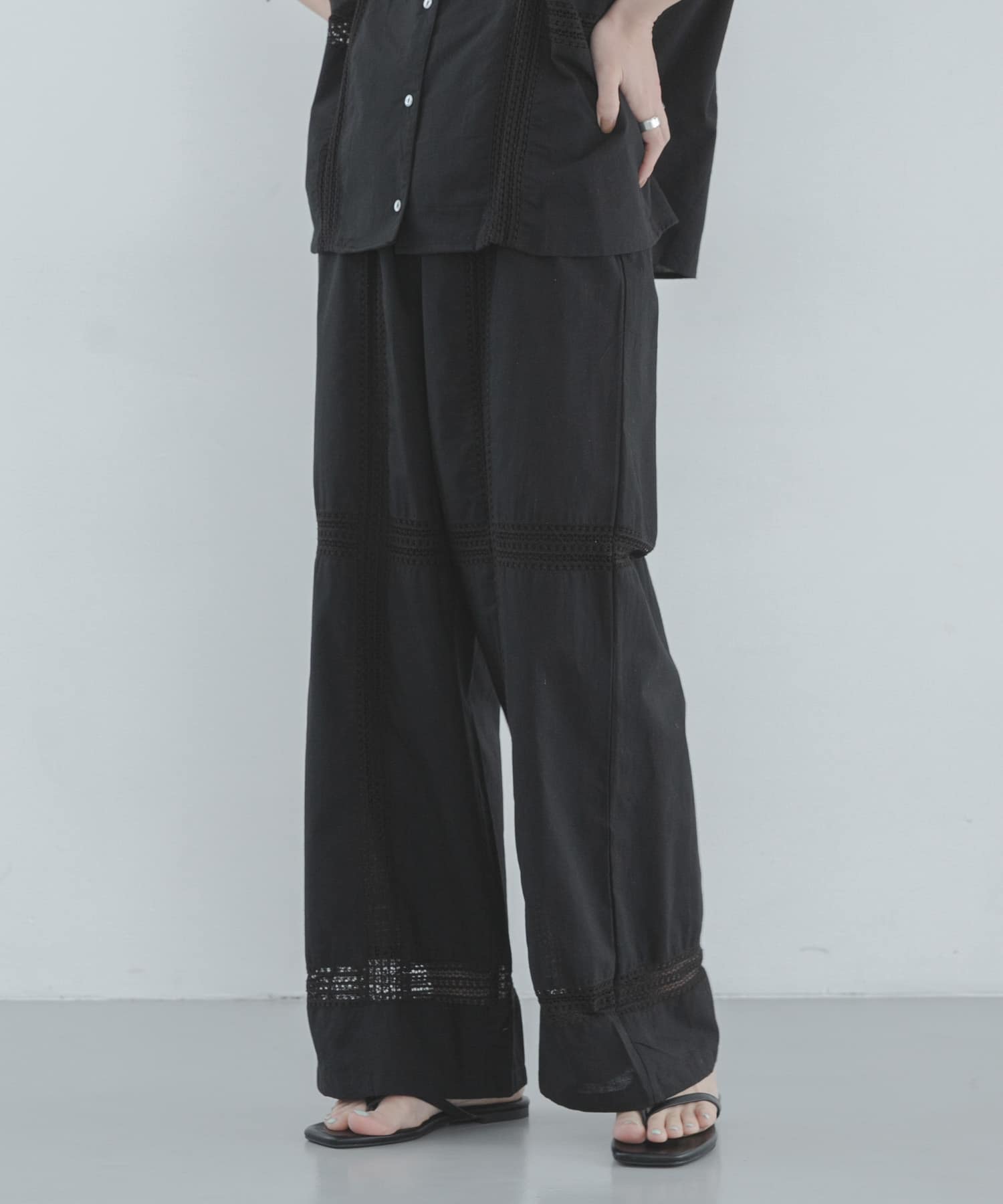 ブロッキングレースコットンイージーパンツ