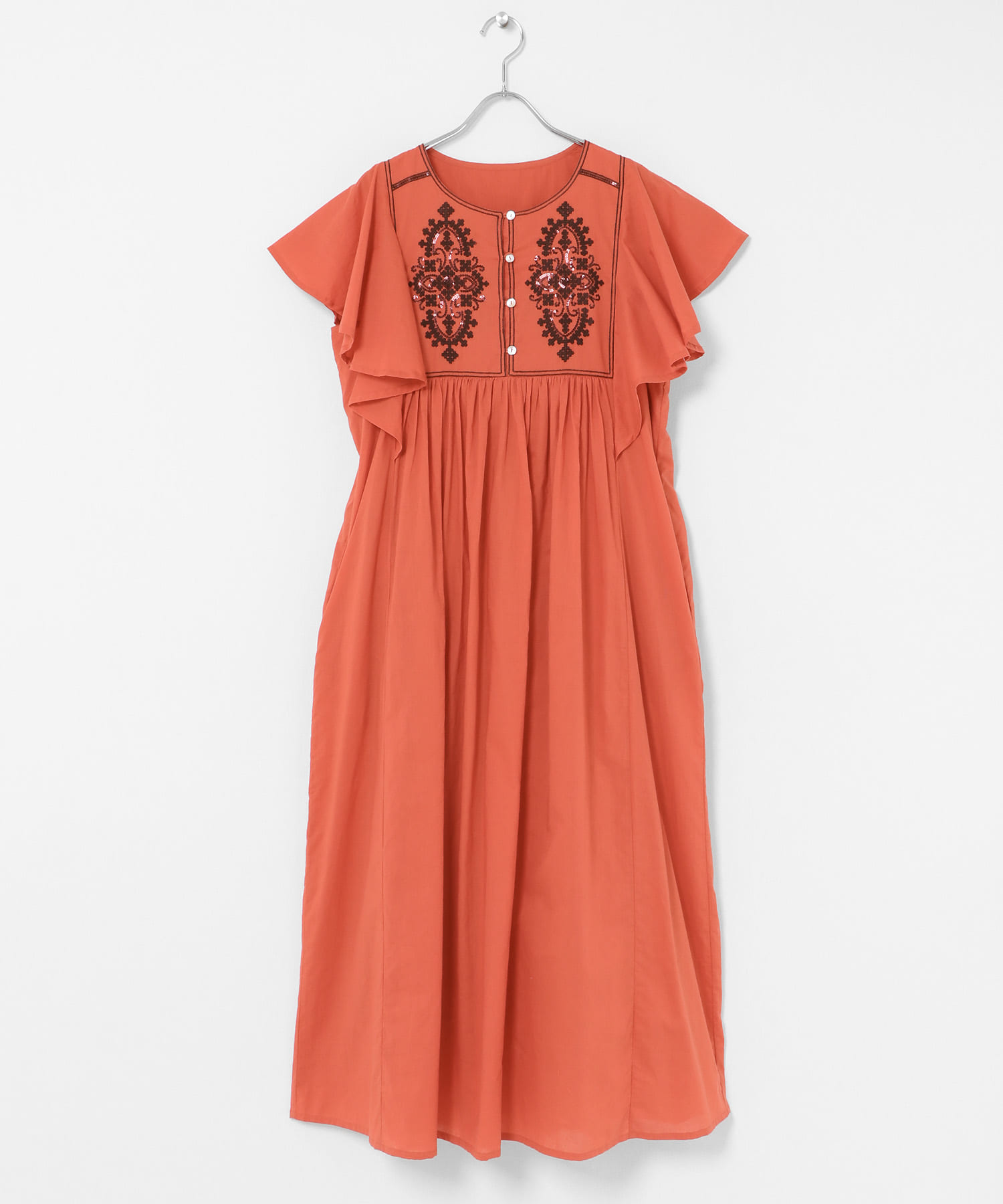 スパンコールエンブロイダリーワンピース オレンジ Free