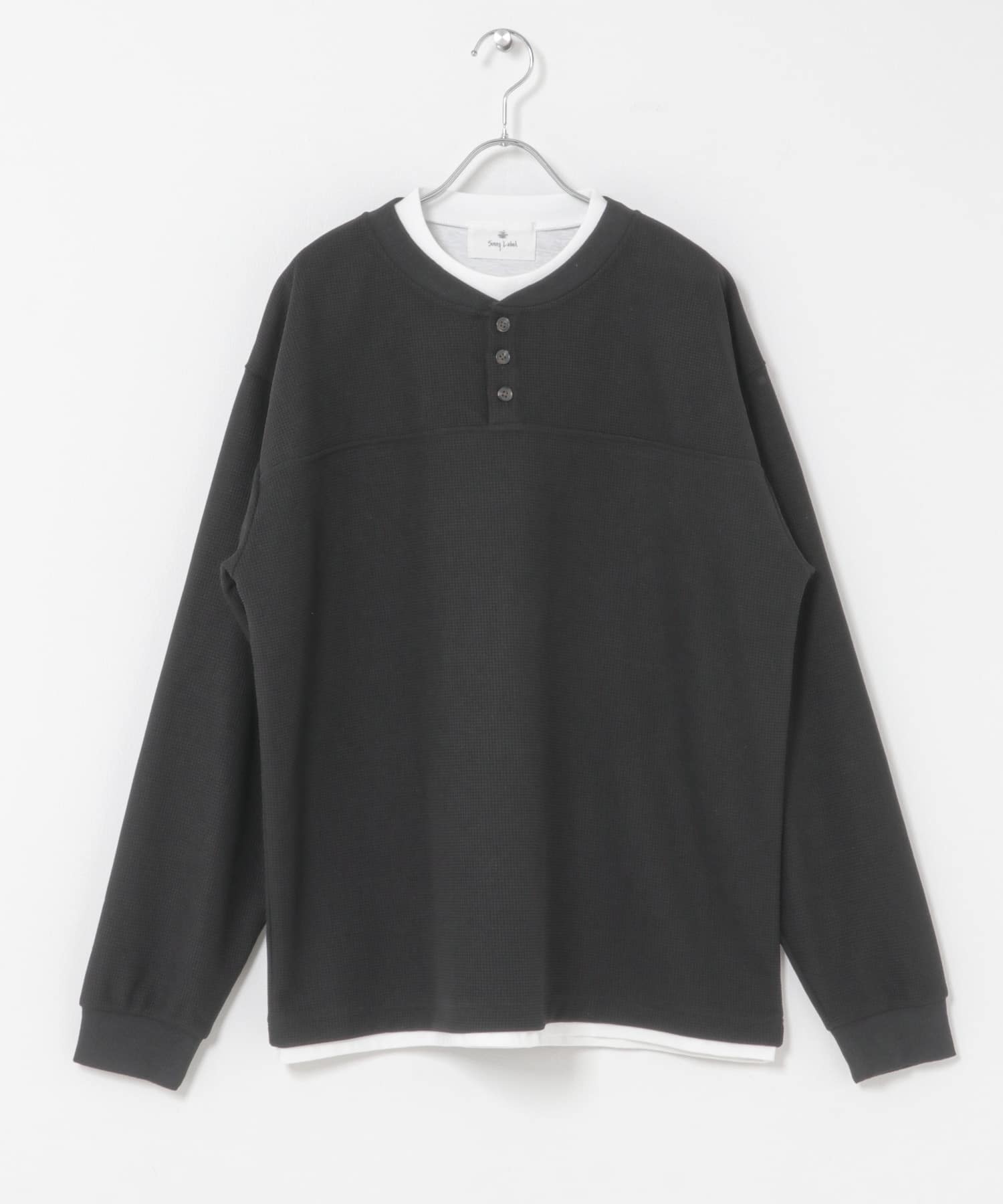 ワッフルレイヤードロングスリーブTシャツ ブラック M
