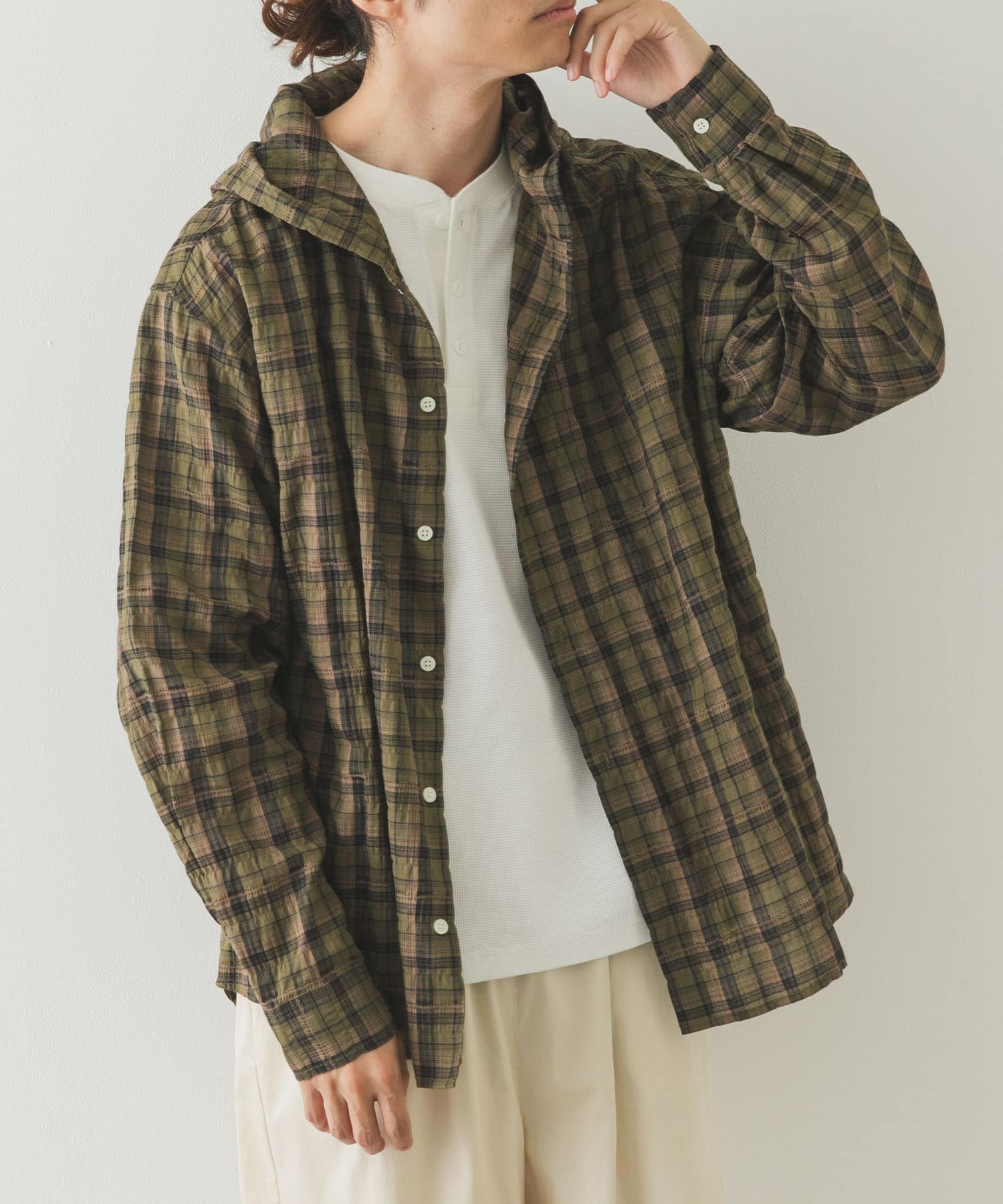 チェックフーデッドシャツ