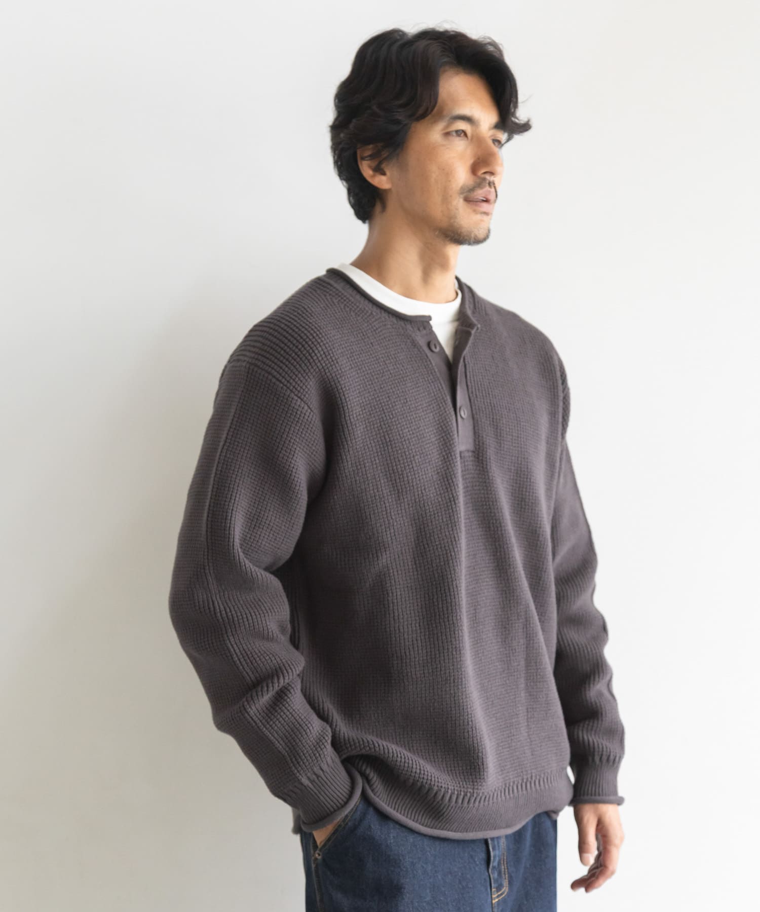 ワッフルヘンリーネックニットプルオーバー(M チャコール): トップス ワッフルヘンリーネックニットプルオーバー(M チャコール): トップス