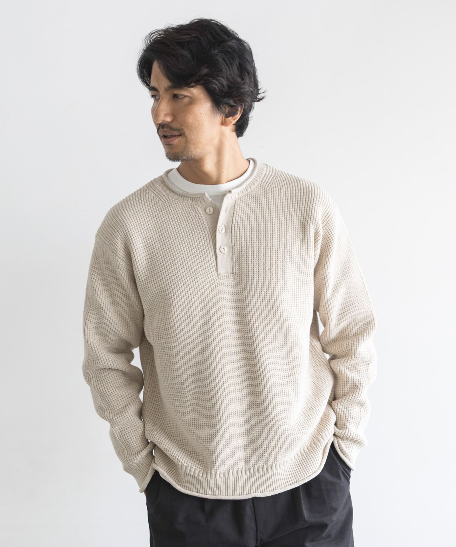 ワッフルヘンリーネックニットプルオーバー(M チャコール): トップス