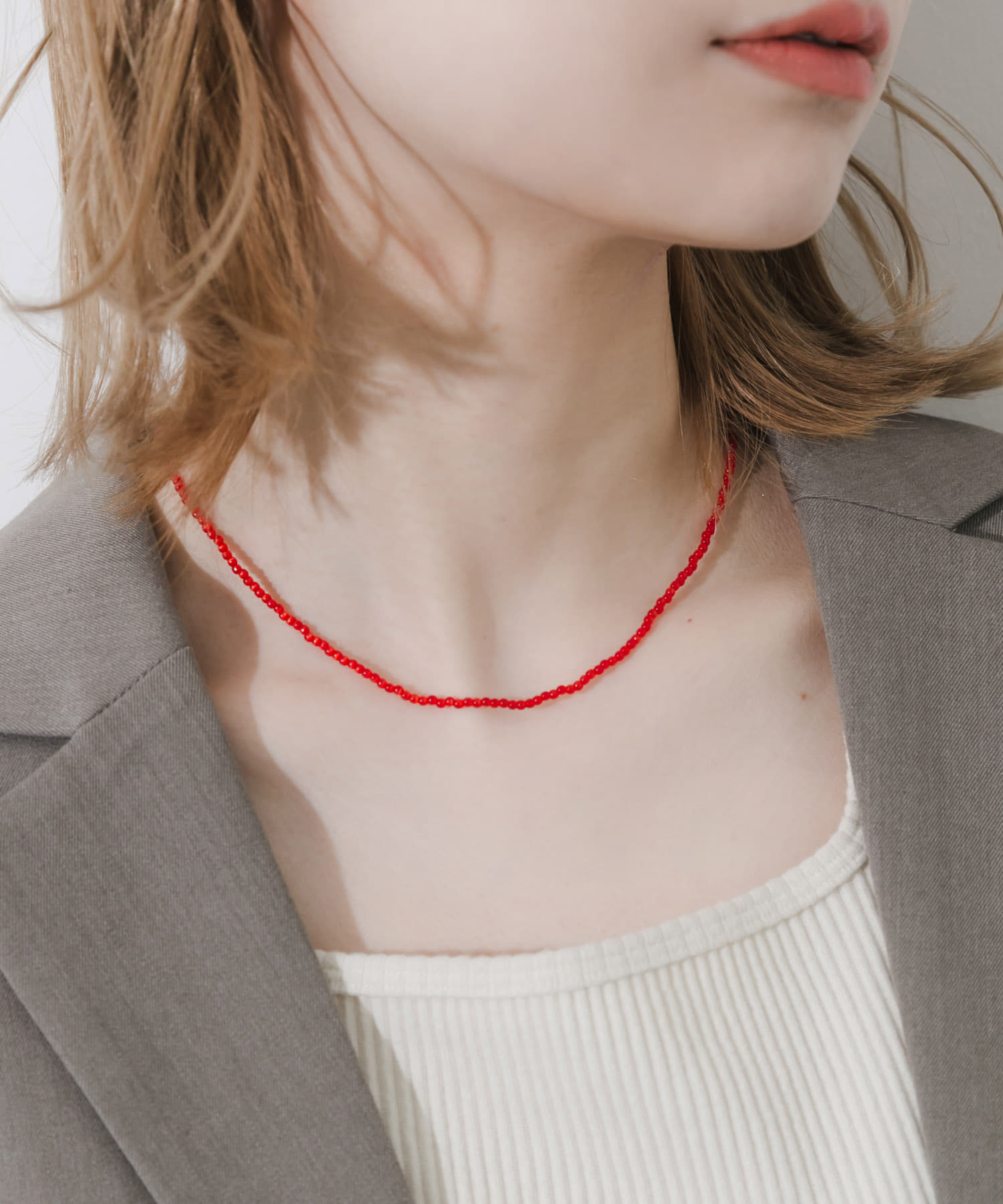 ステンレスカラービーズネックレス RED -