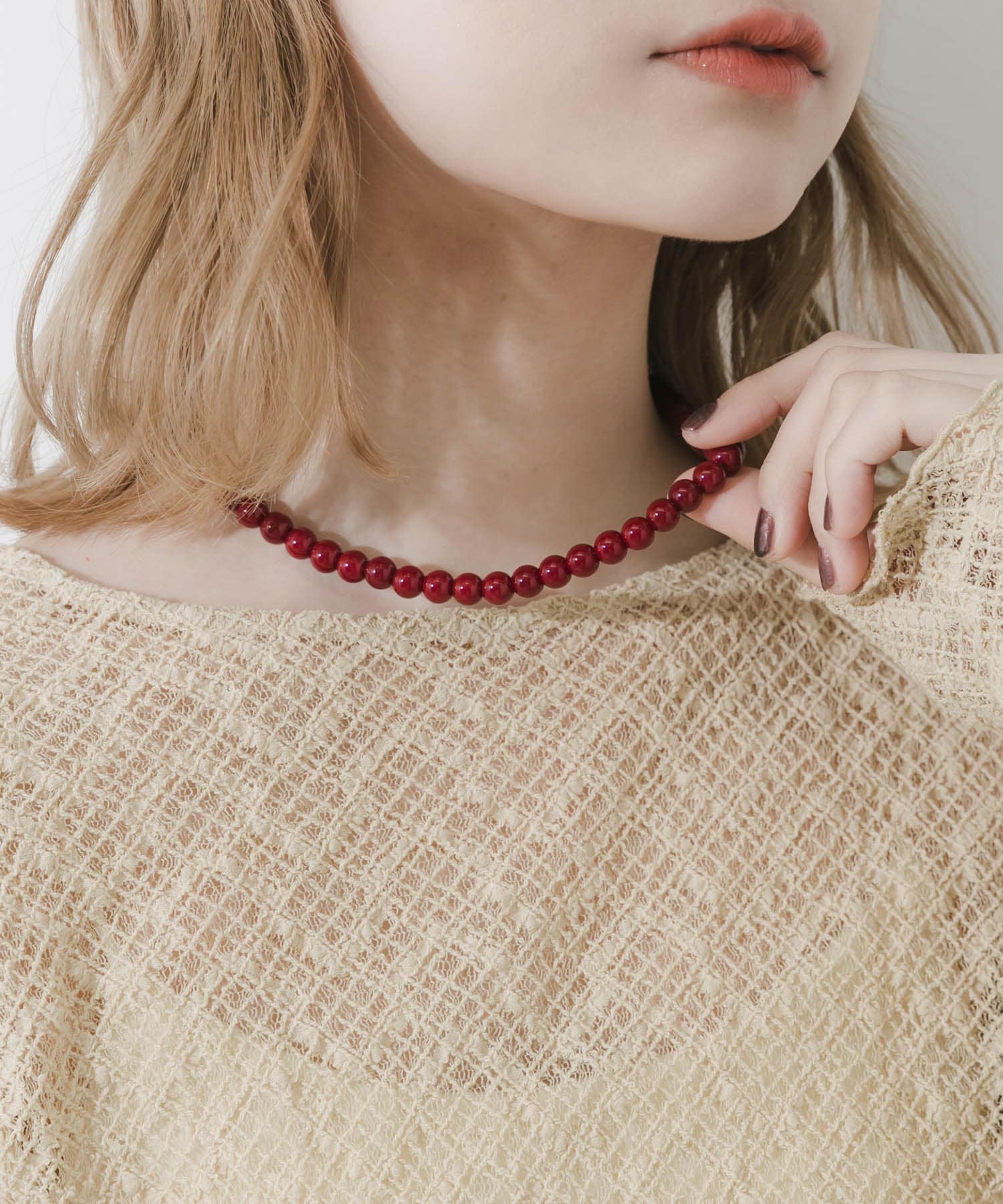ステンレスカラーボールビーズネックレス RED -