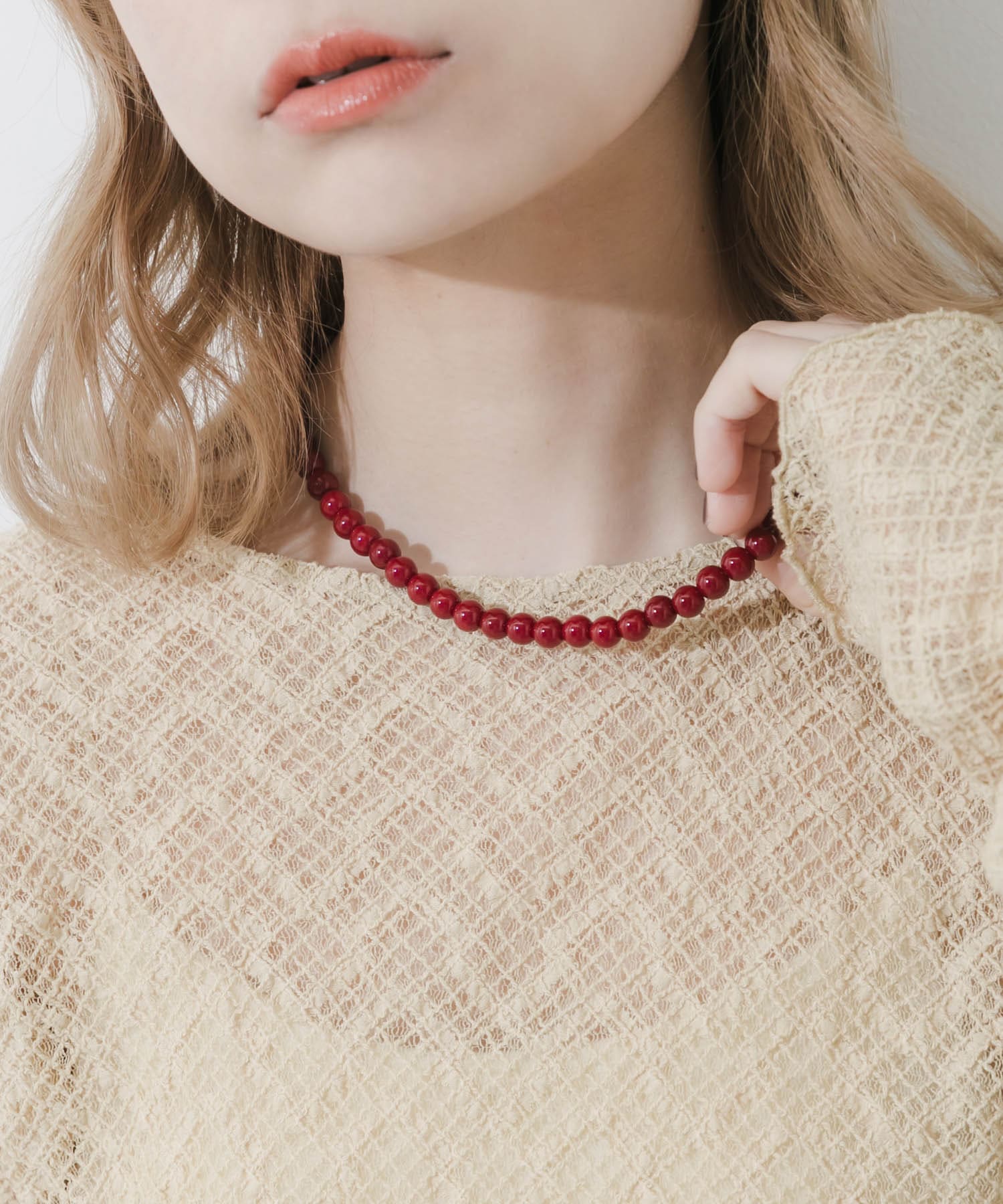 ステンレスカラーボールビーズネックレス RED -