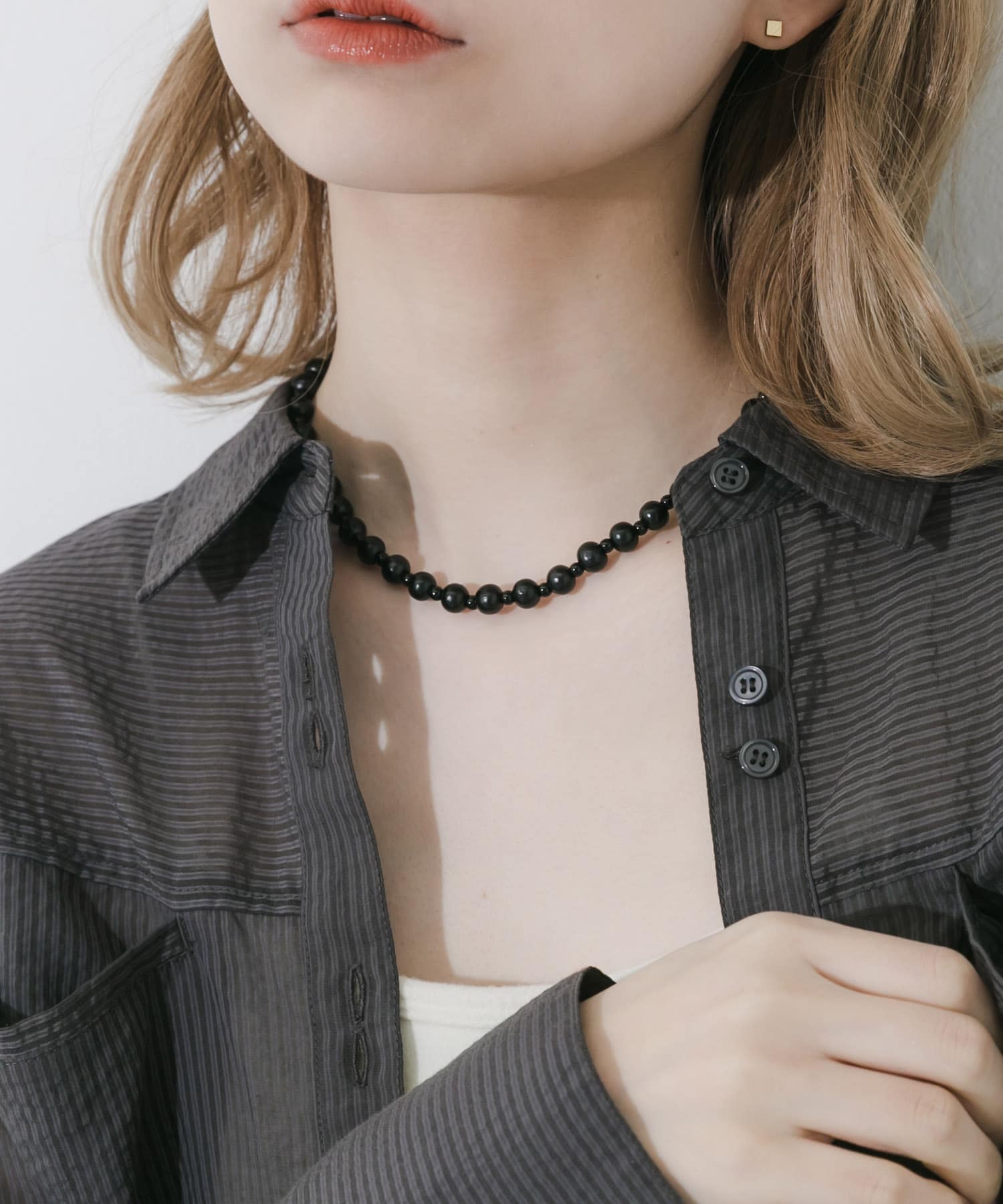 ステンレスブラックウッドビーズネックレス BLK -