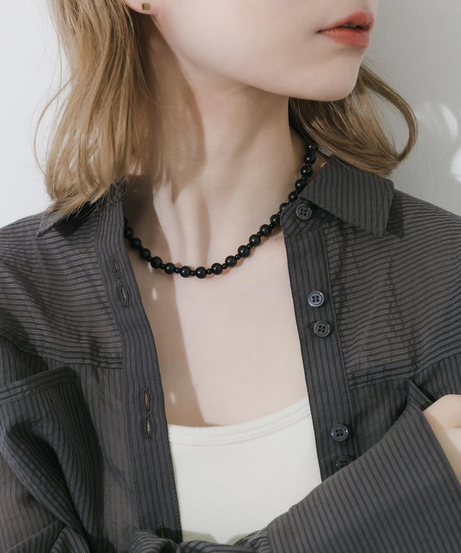 ステンレスブラックウッドビーズネックレス BLK -