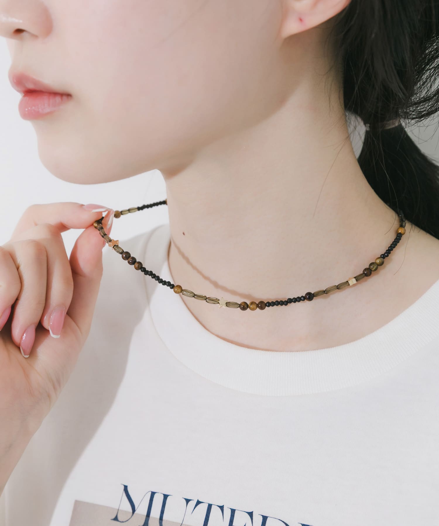 再入荷』スターモチーフマルチビーズネックレス(- BR/BK
