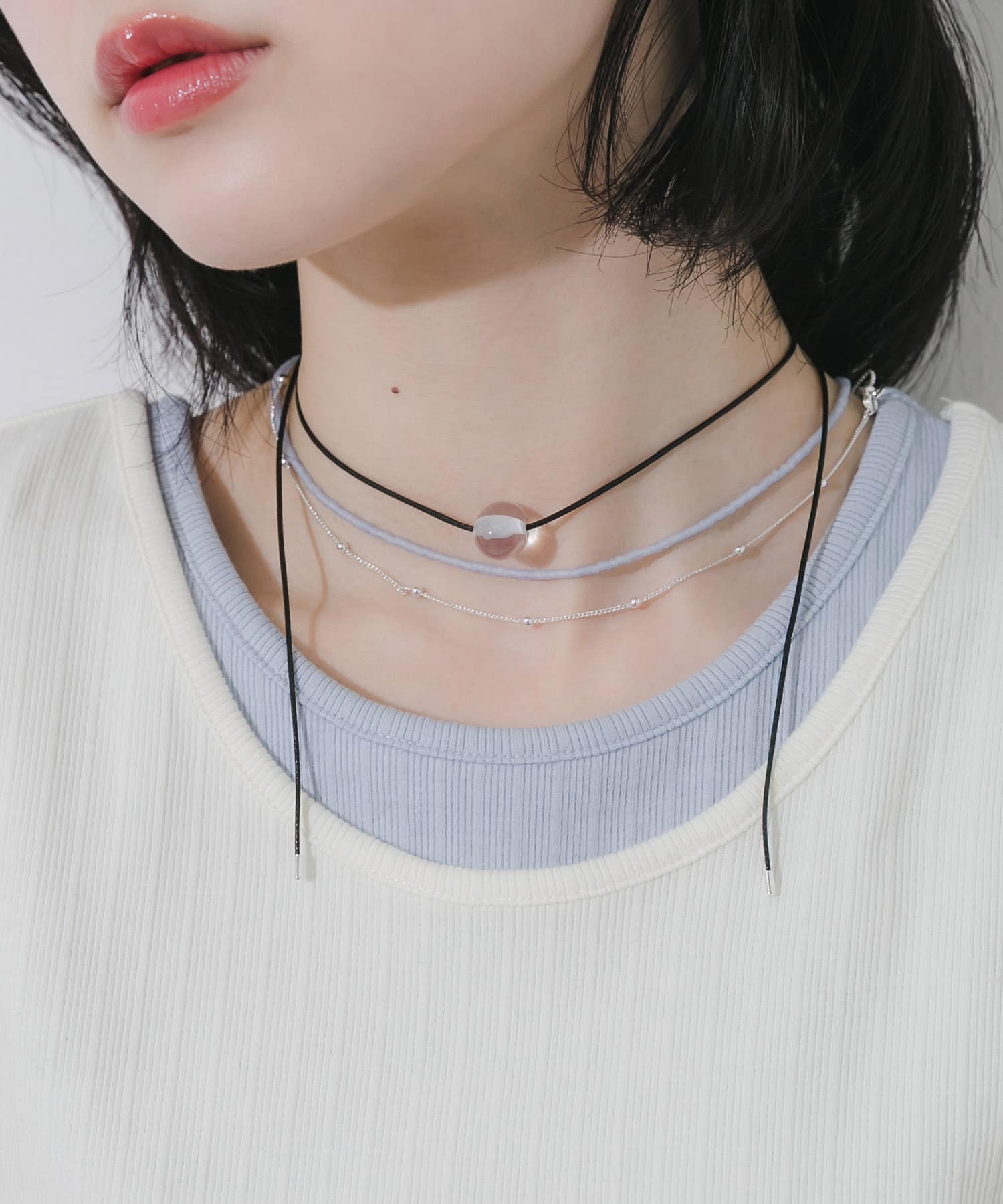 クリアトップビーズ3セットネックレス BL/SV -