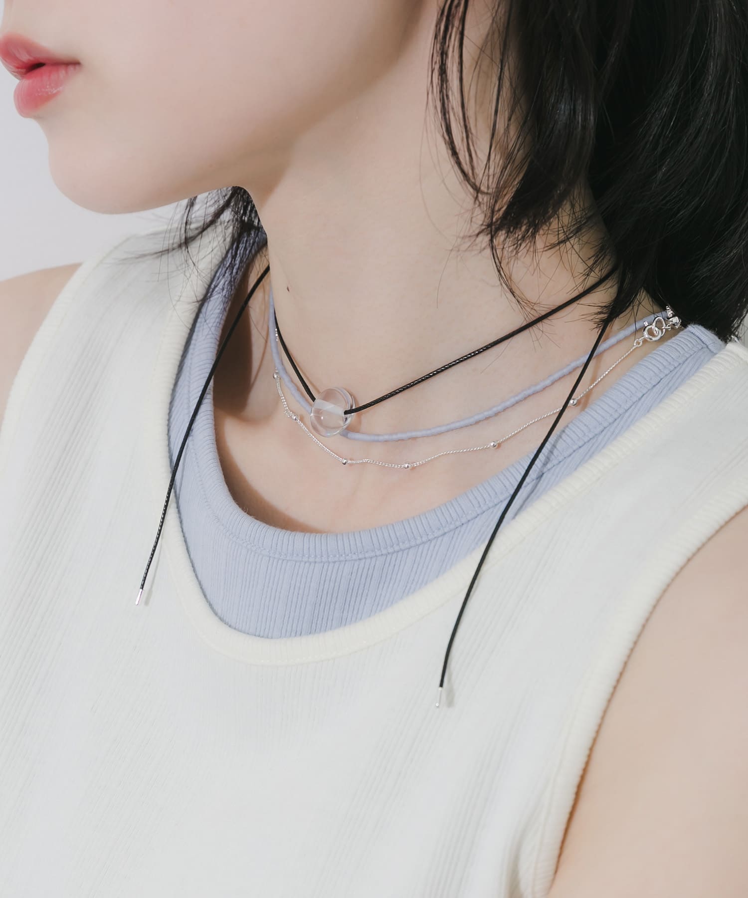 クリアトップビーズ3セットネックレス BL/SV -