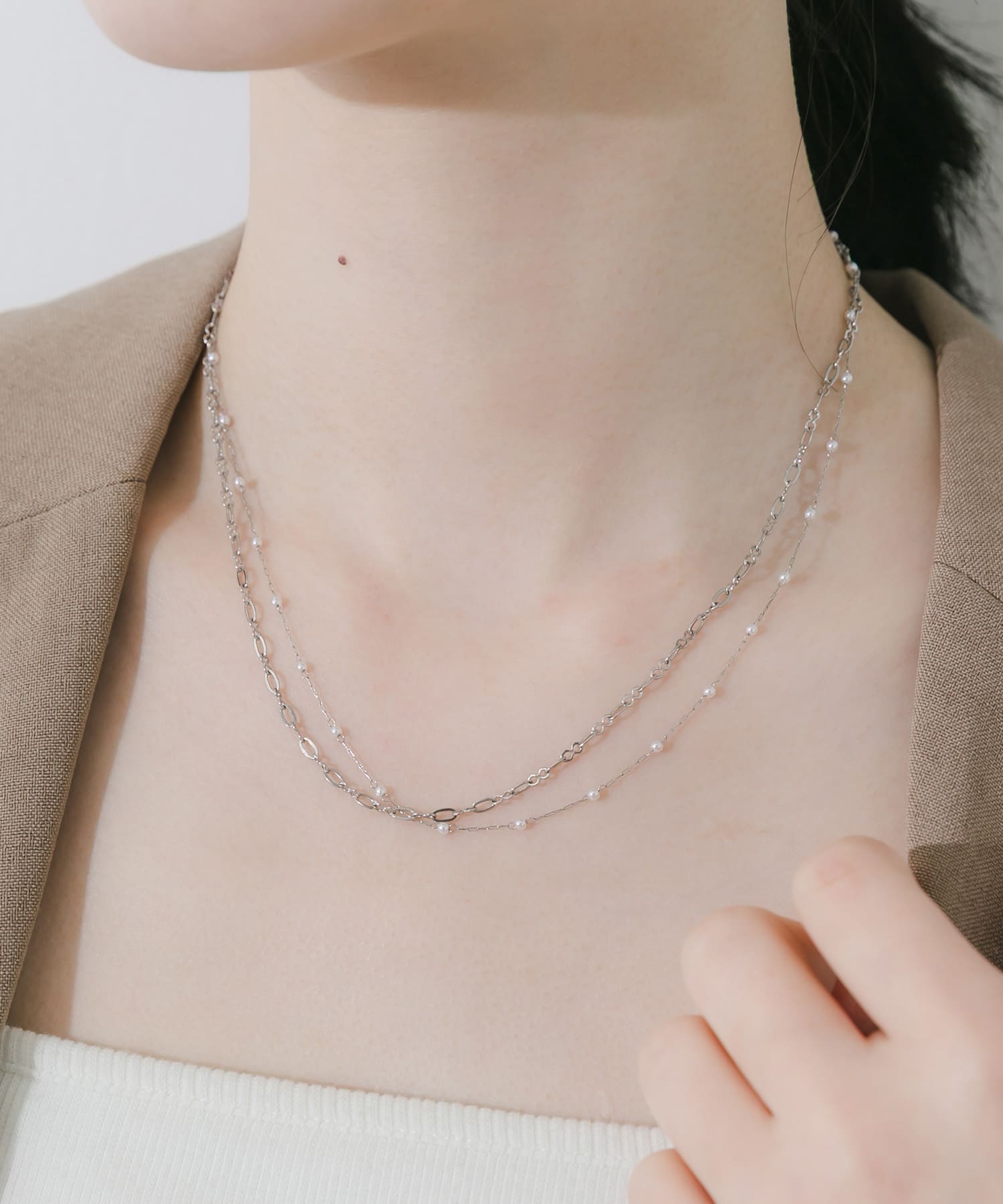 ステンレスミニパールチェーン2セットネックレス