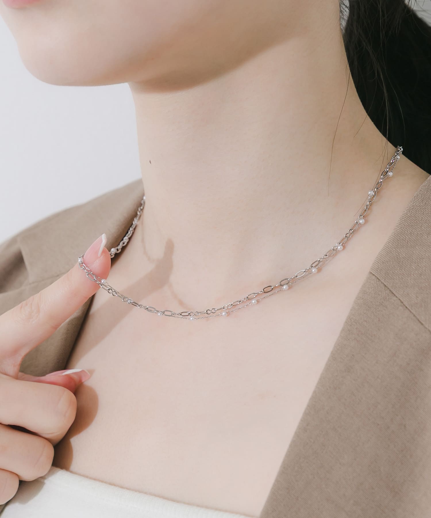 ステンレスミニパールチェーン2セットネックレス SV/WH -