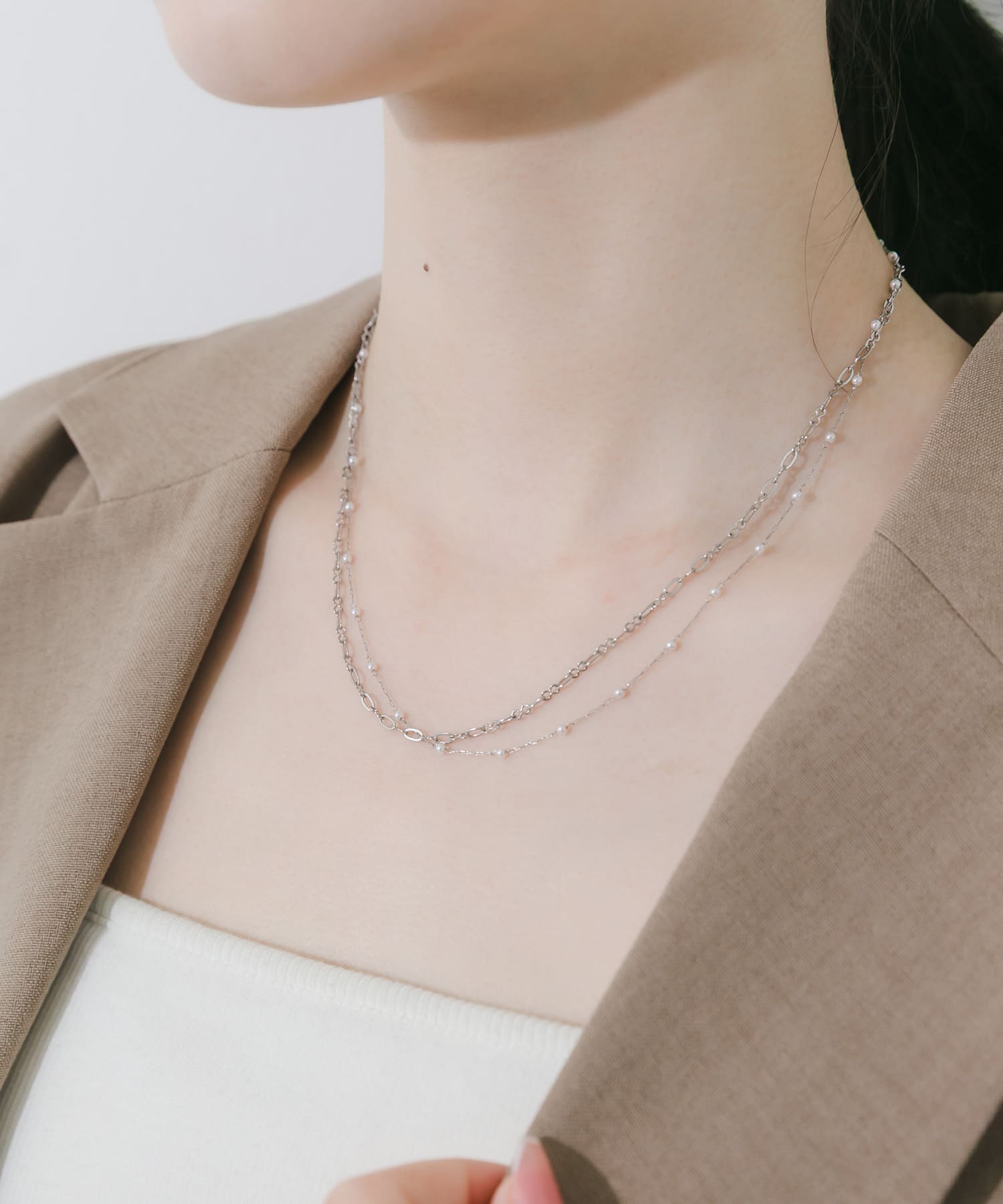 ステンレスミニパールチェーン2セットネックレス SV/WH -