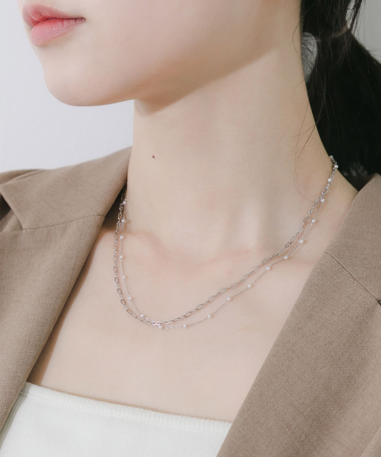 ステンレスミニパールチェーン2セットネックレス SV/WH -