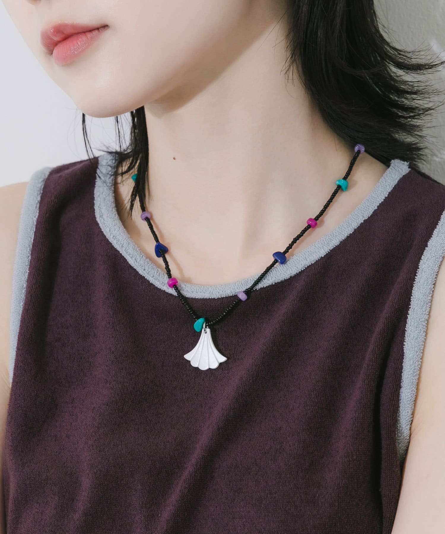 ステンレスシェルモチーフビーズネックレス BK/PP -