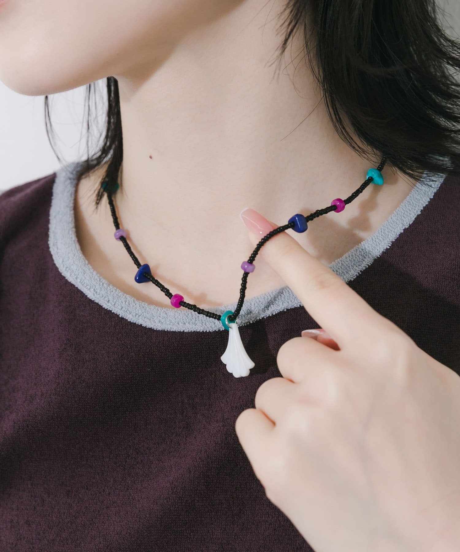 ステンレスシェルモチーフビーズネックレス BK/PP -