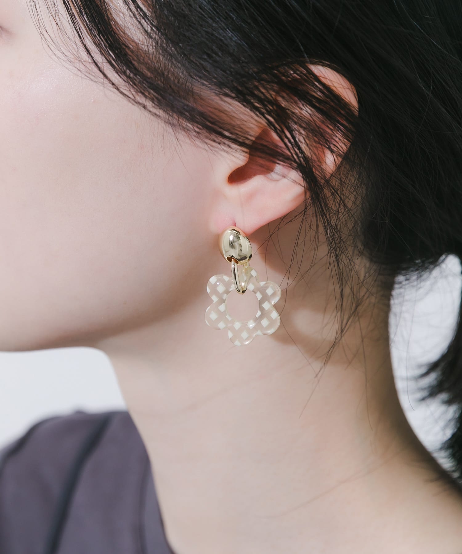 チェックフラワーピアス YE/GD -