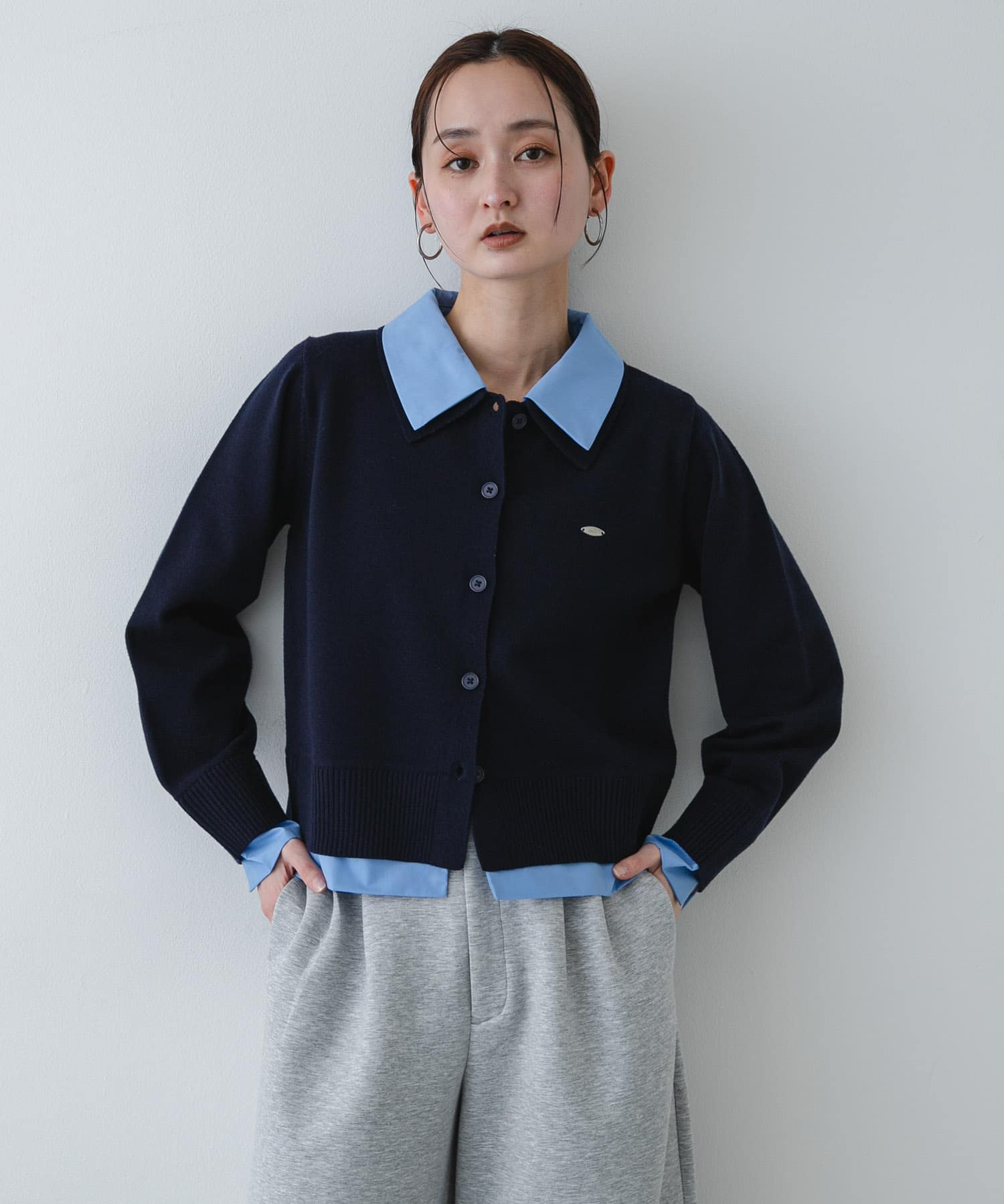 洗濯可』プレートツキシャツドッキングニットカーディガン(One GRY×PNK