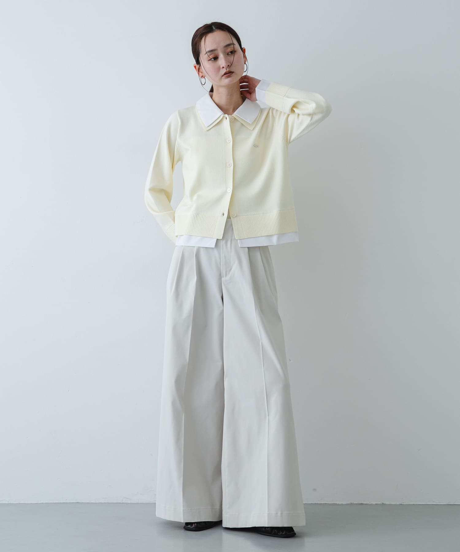 洗濯可』プレートツキシャツドッキングニットカーディガン(One GRY×PNK