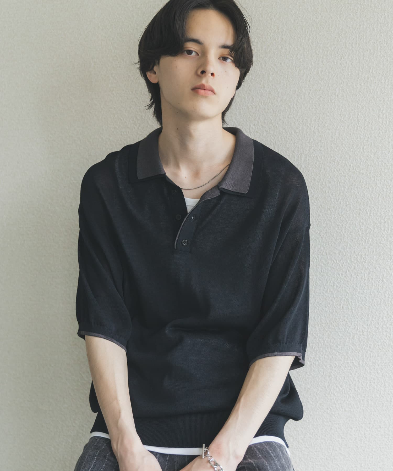 フェイクレイヤードニットポロシャツ