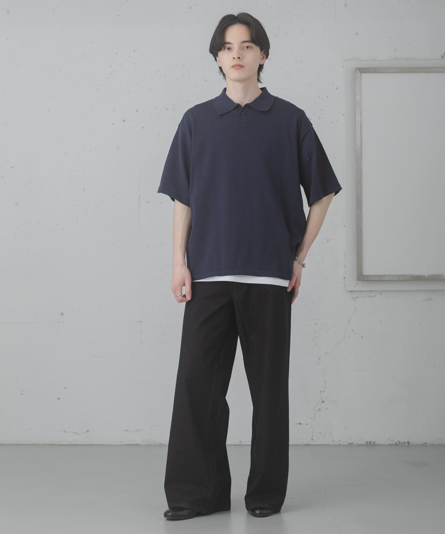 『洗濯可』ドライタッチスキッパーニットTシャツ NAVY L