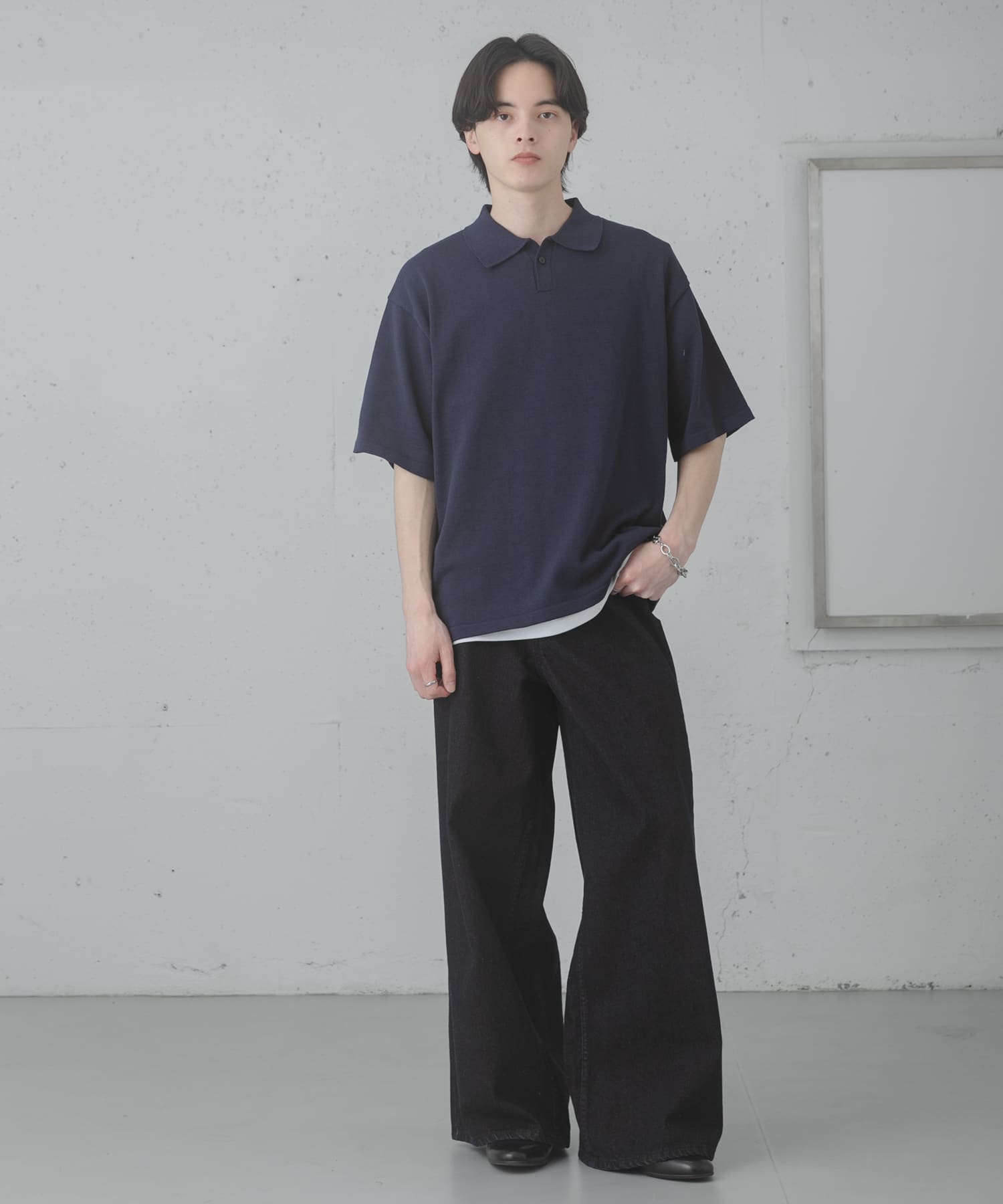 『洗濯可』ドライタッチスキッパーニットTシャツ NAVY L